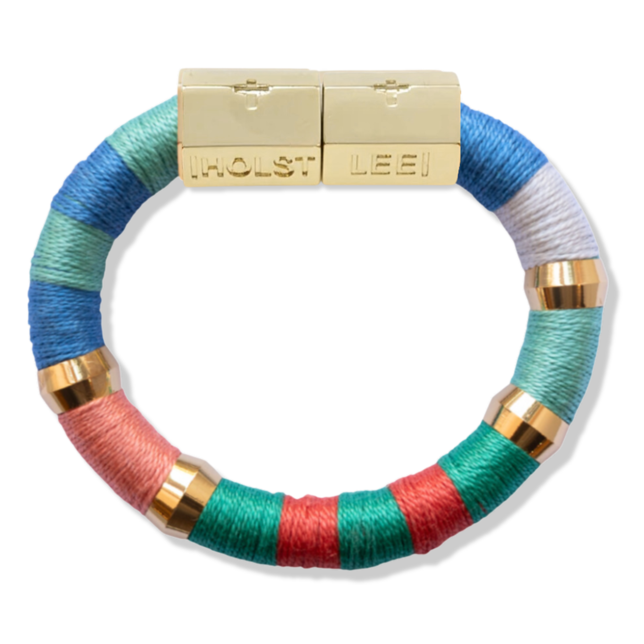blue, pink, white thread wrapped bracelet with gold magnetic clasped bracelet and gold ferrule accents by HOLST+LEE 