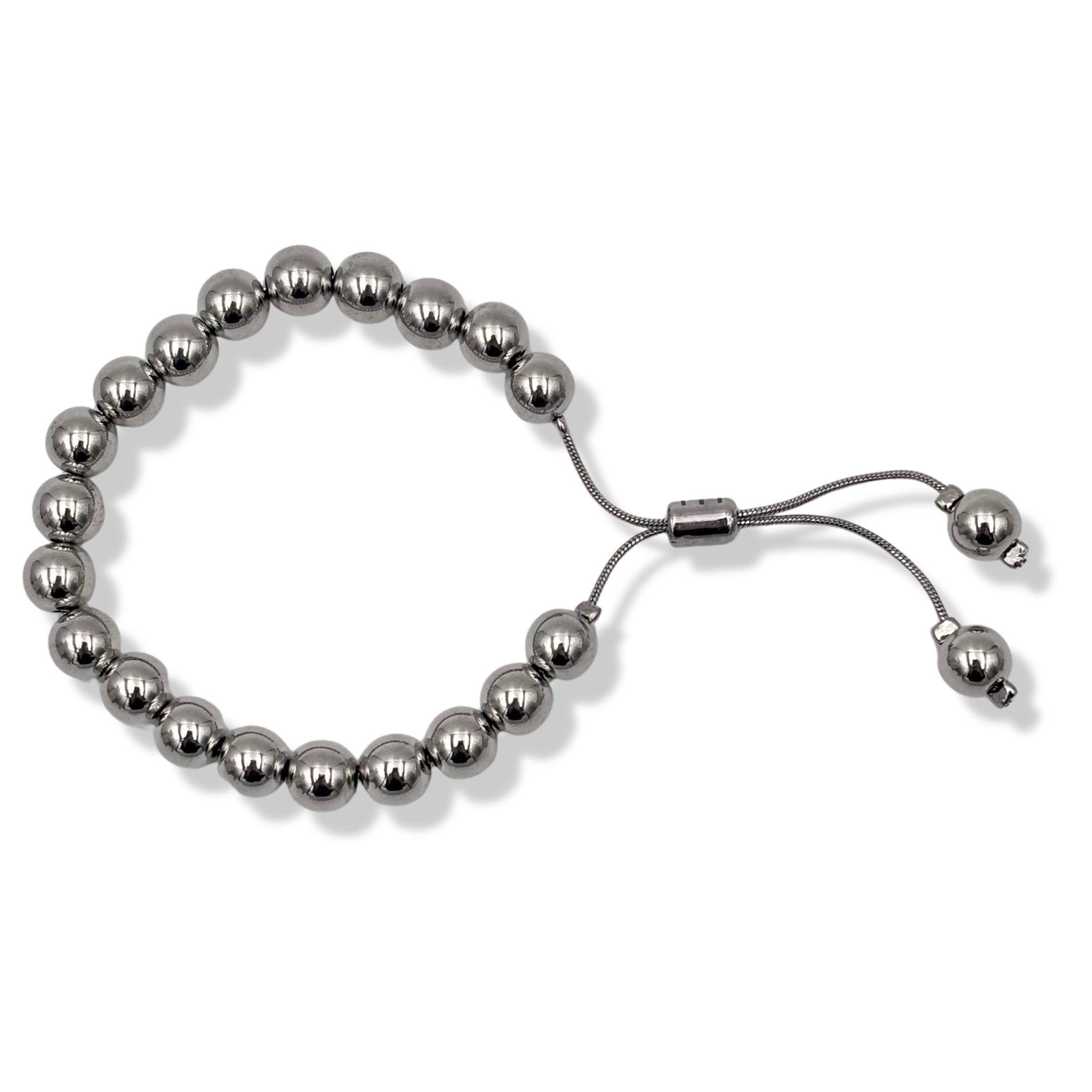 Silver beaded adjustable bracelet with sliding barrel clasp and snake chain pull by HOLST+LEE