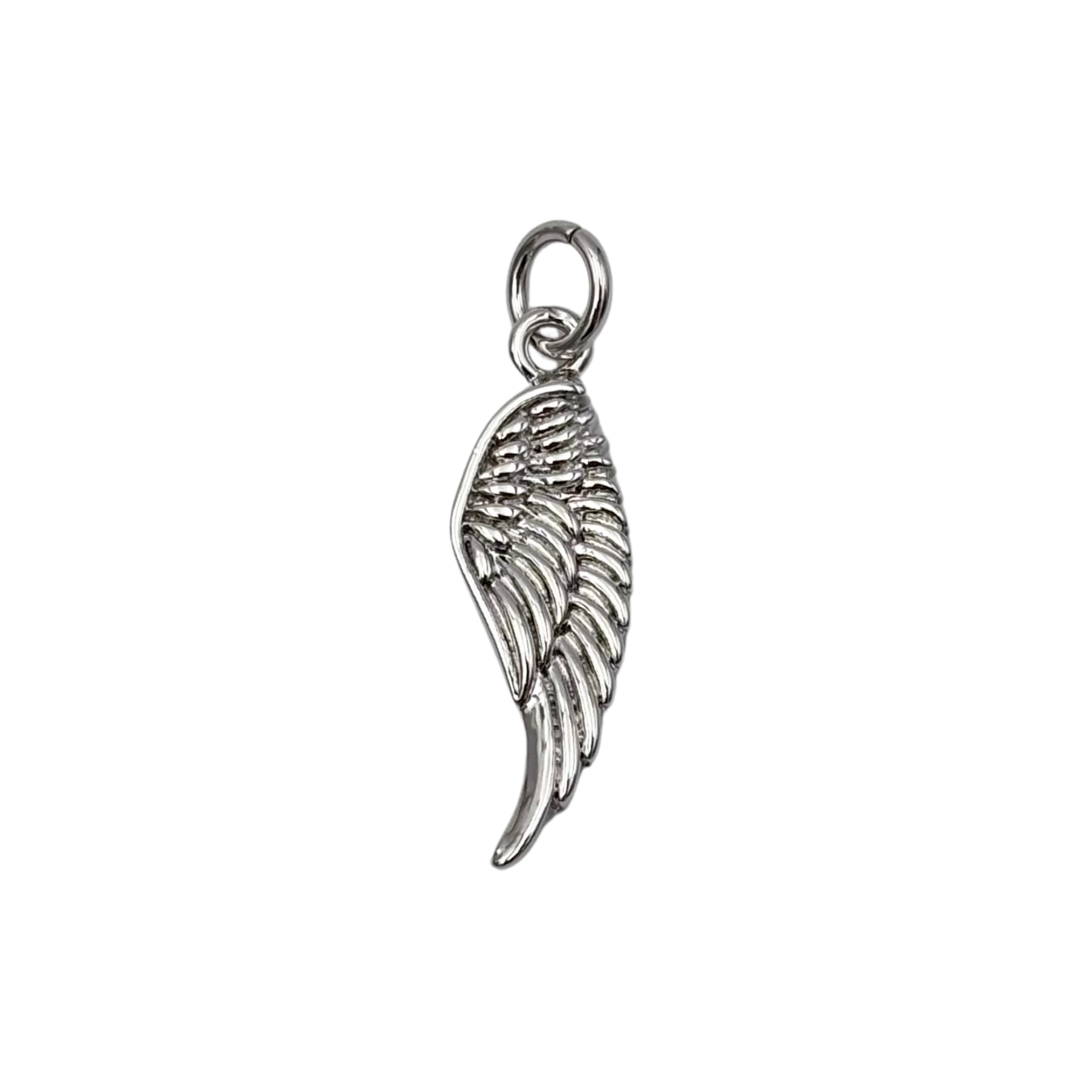 Silver angel wing charm with engraved feather detail by HOLST+LEE