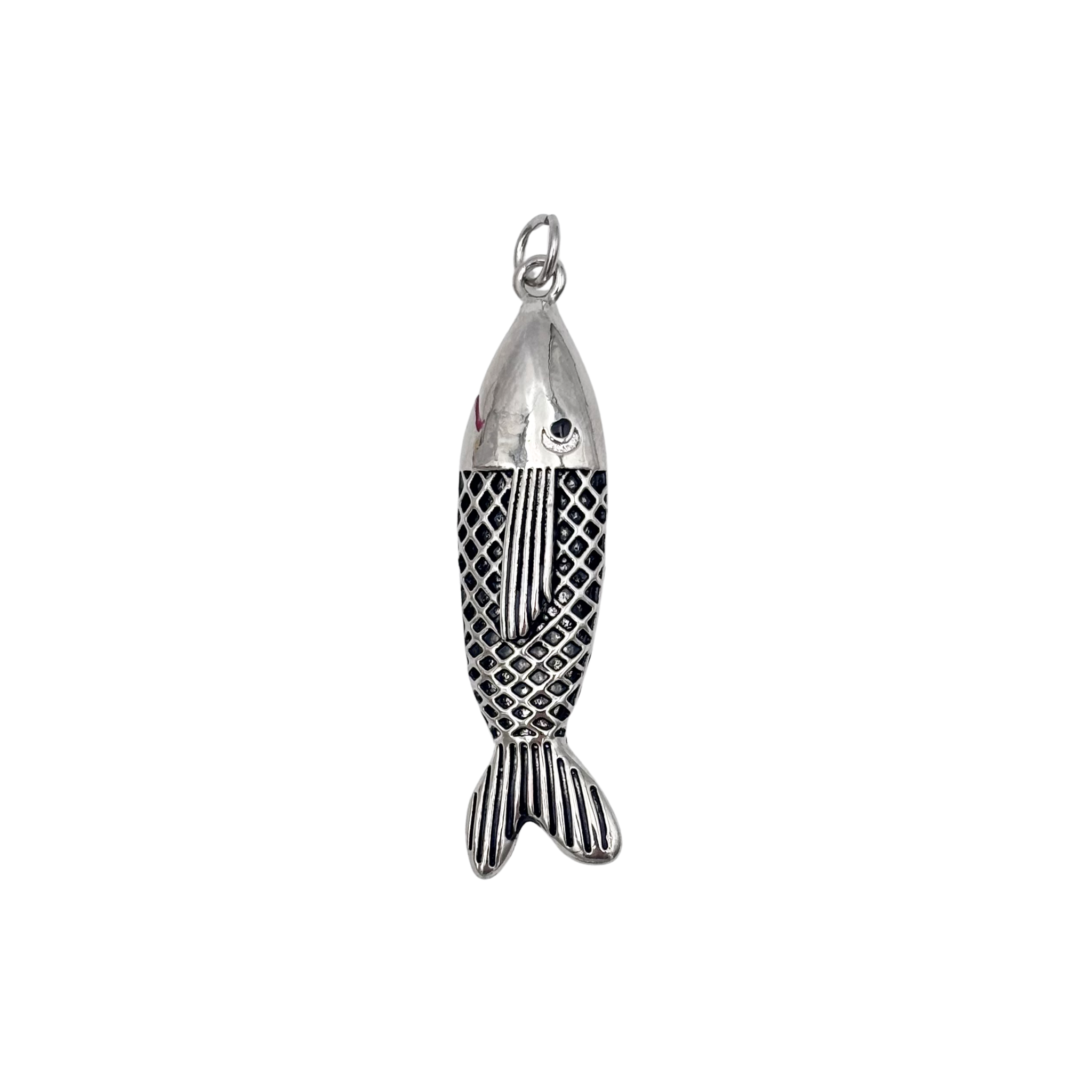Vintage silver and black enamel fish pendant charm with textured scales by HOLST+LEE