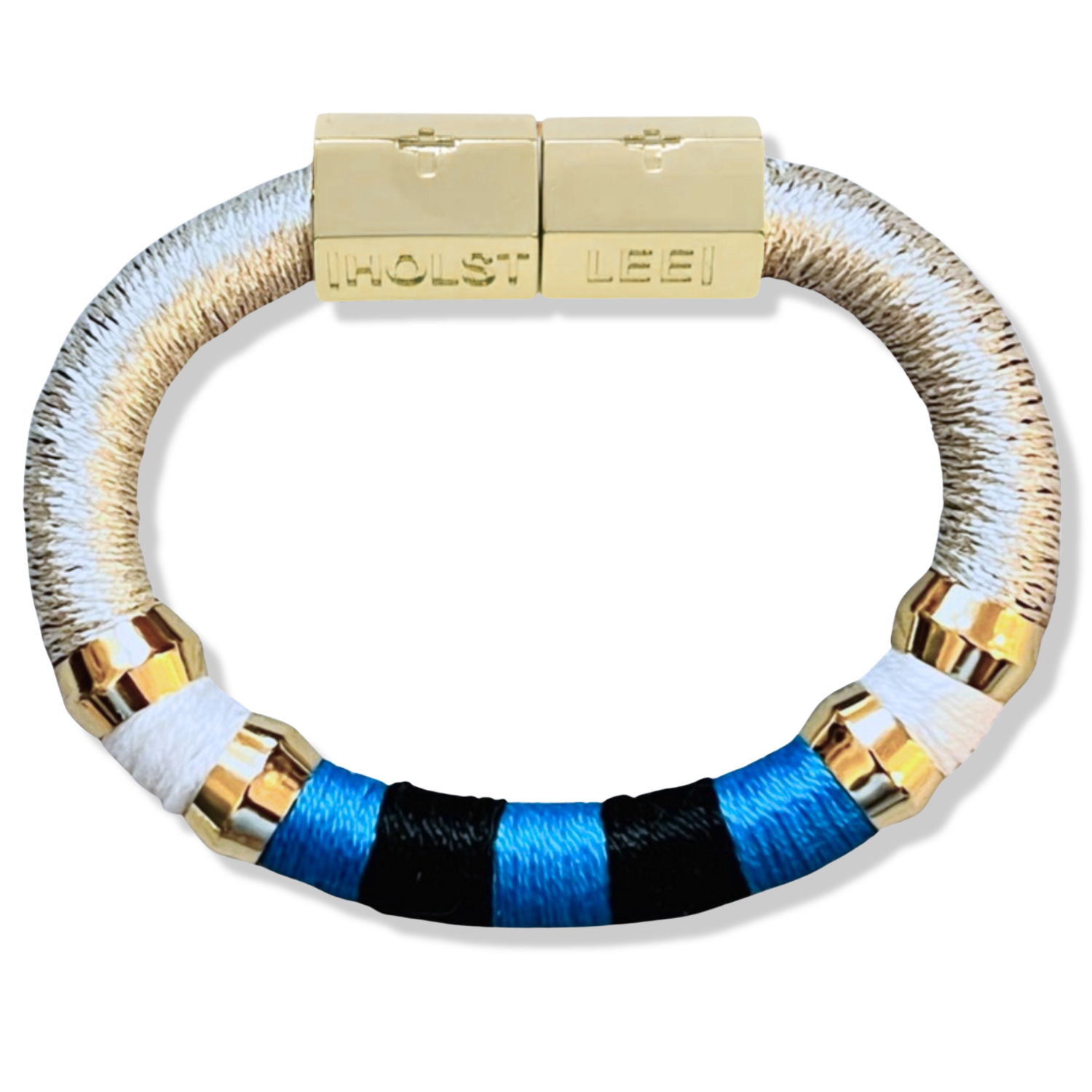 Silver, blue, and black colorblock thread wrapped bracelet with 18K gold-filled magnetic clasped bracelet and gold ferrule accents by HOLST+LEE