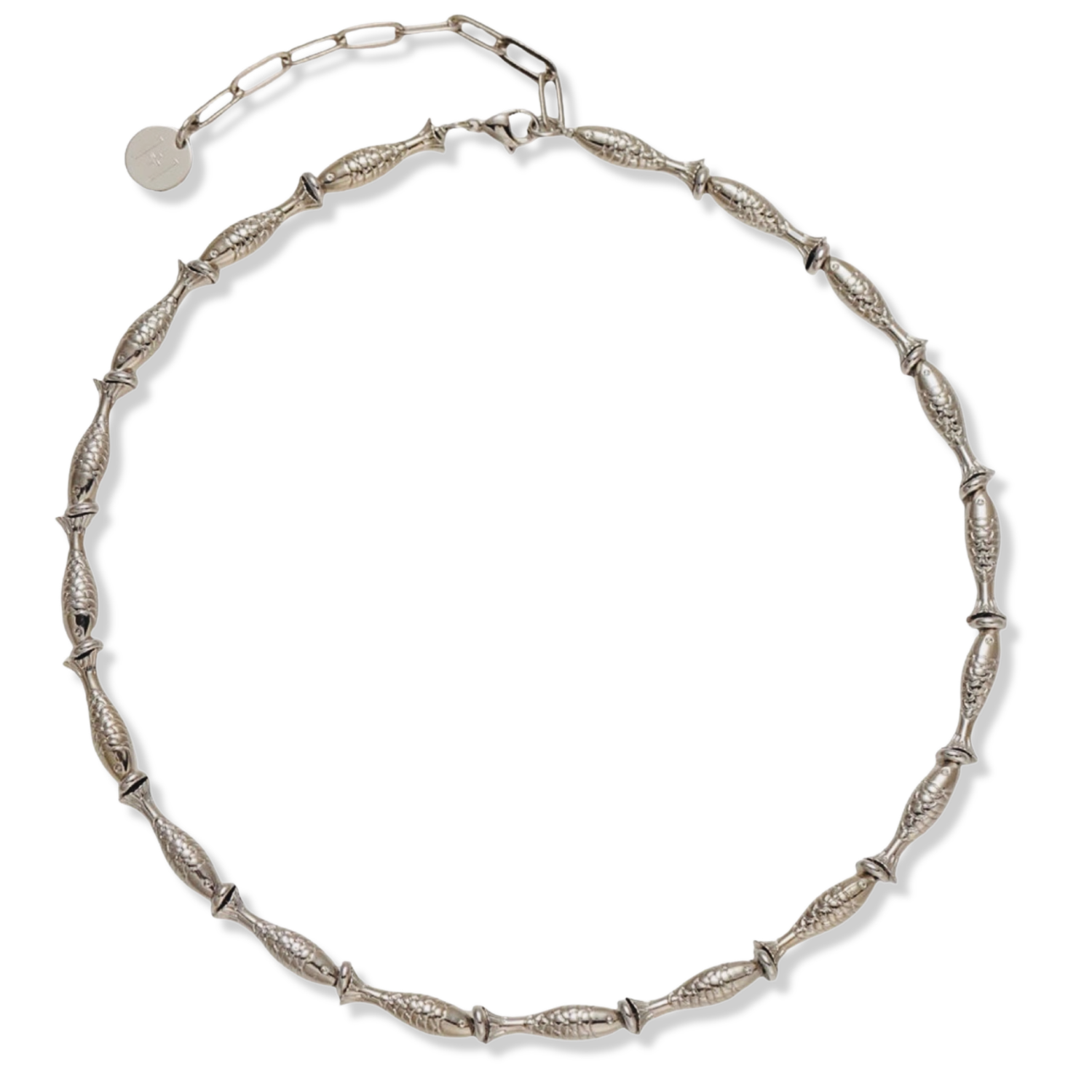 Silver linked fish beaded necklace with branded coin charm by HOLST+LEE