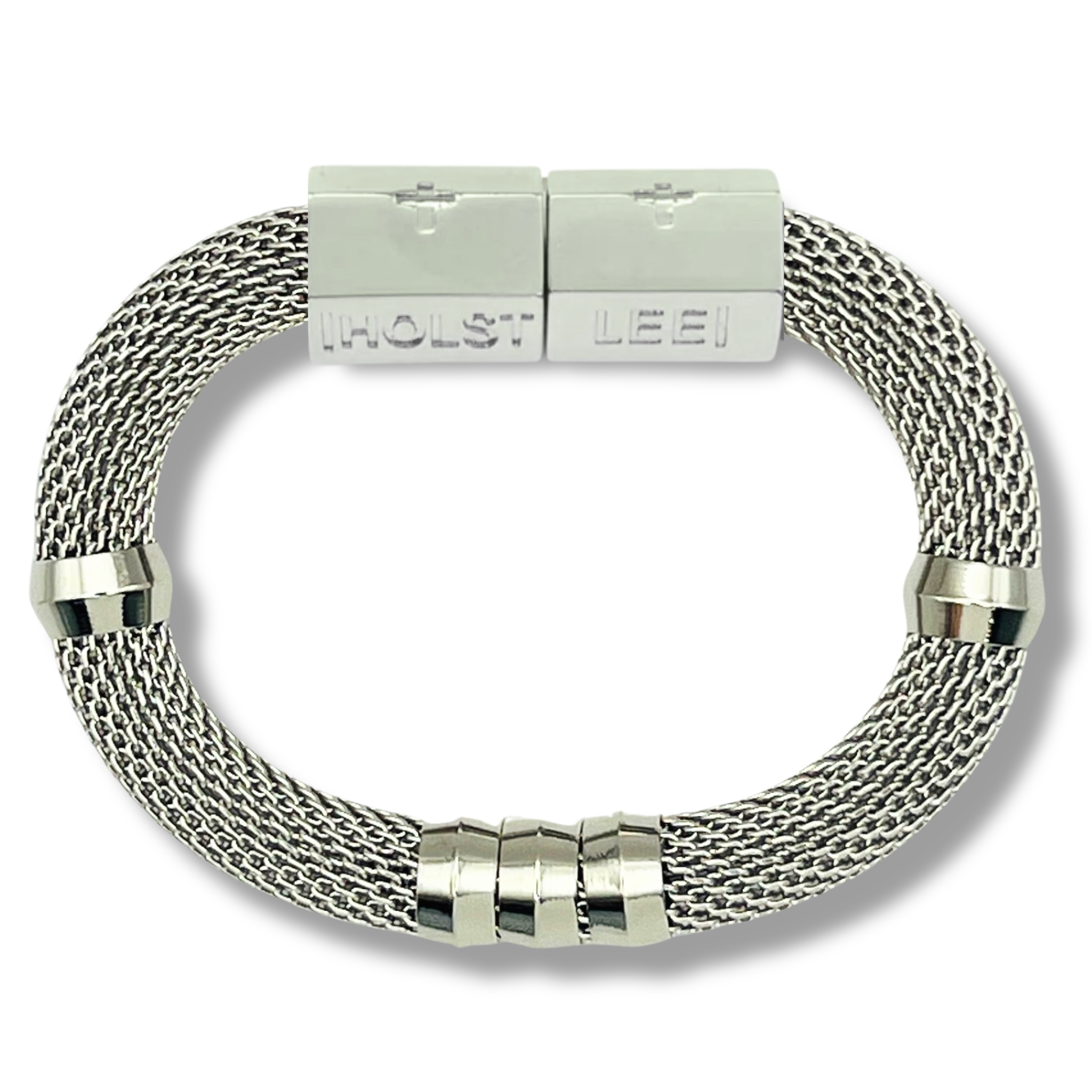 Silver woven mesh bracelet with silver magnetic clasped necklace and ferrule accents by HOLST+LEE