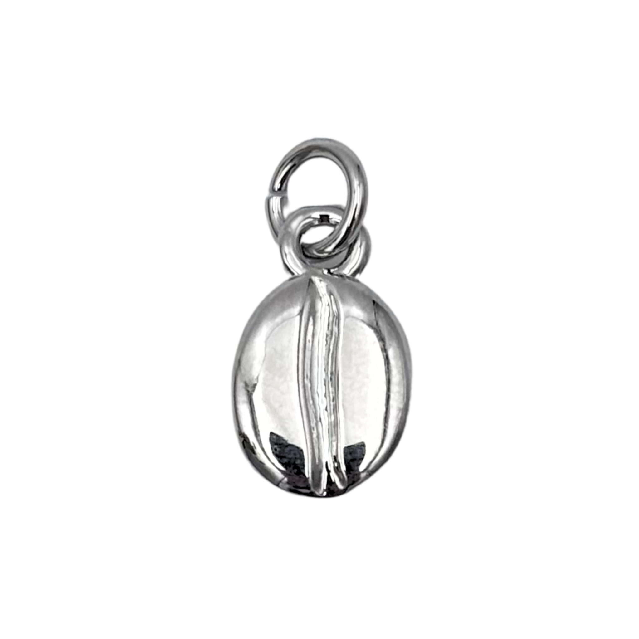 Silver coffee bean charm with sculpted 3D bean shape and center crease detail by HOLST+LEE