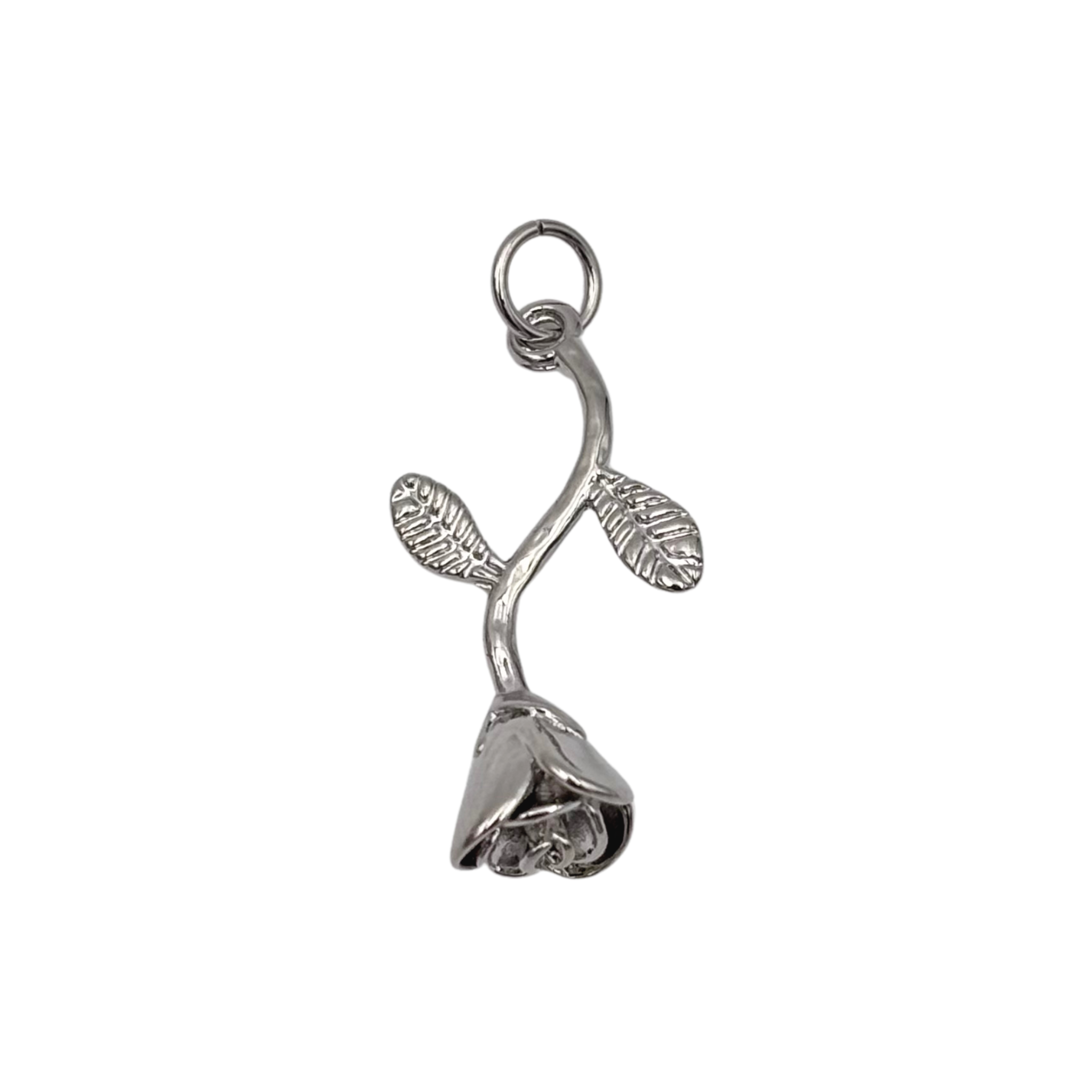 Polished silver rose charm with long curved stem, two engraved leaves, and closed bud bloom by HOLST+LEE