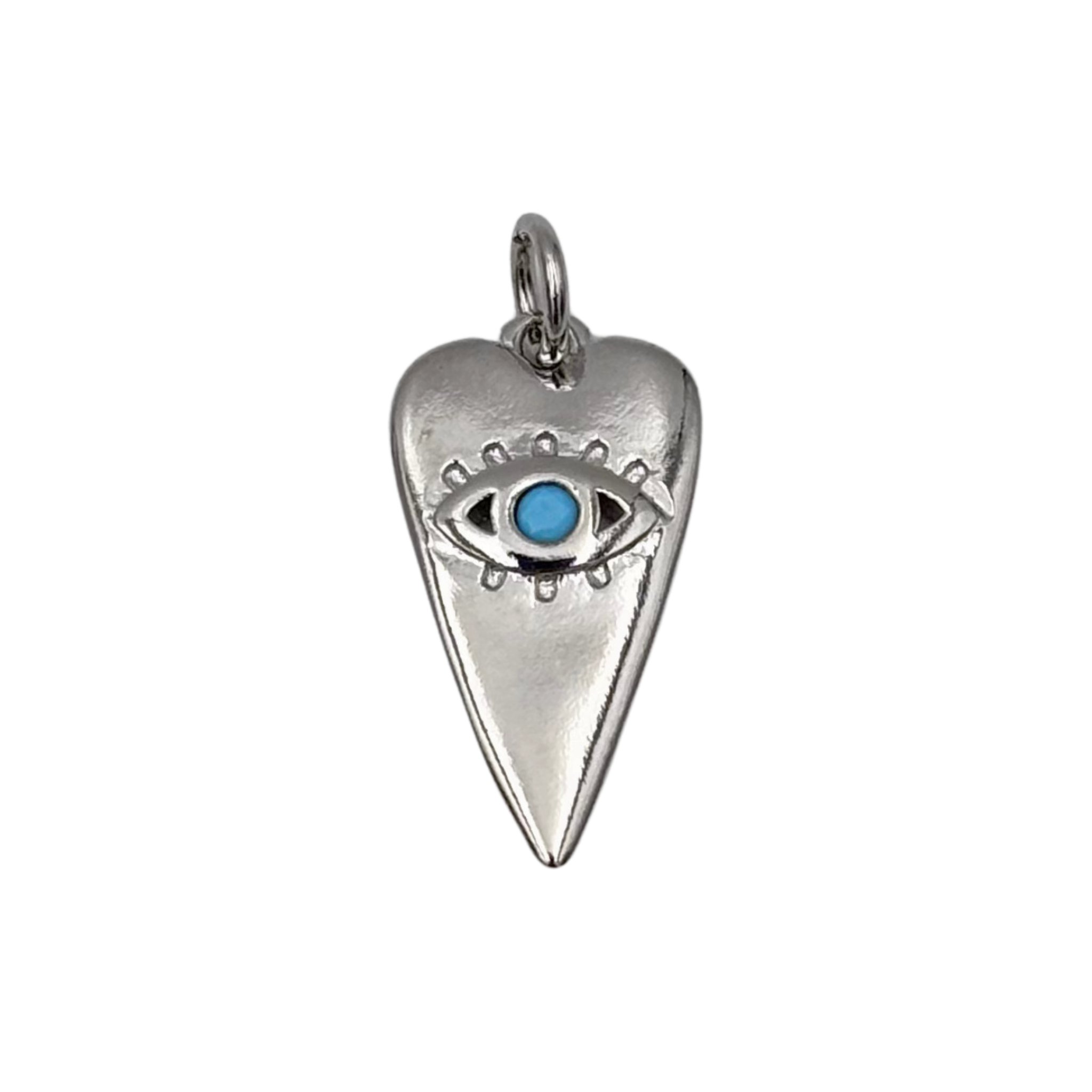 Elongated silver heart charm with an evil eye motif featuring a turquoise gemstone center by HOLST+LEE