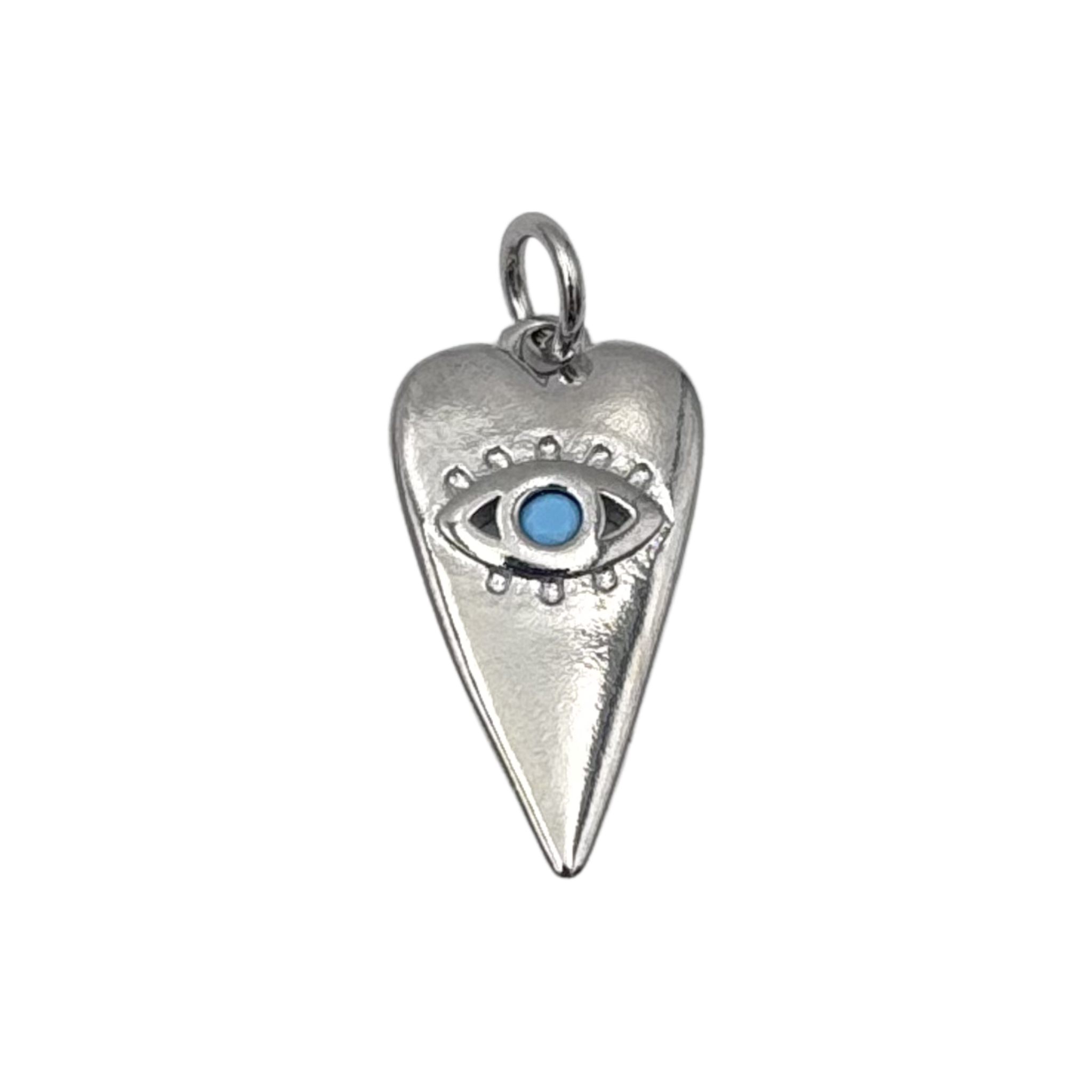 Elongated silver heart charm with an evil eye motif featuring a turquoise gemstone center by HOLST+LEE