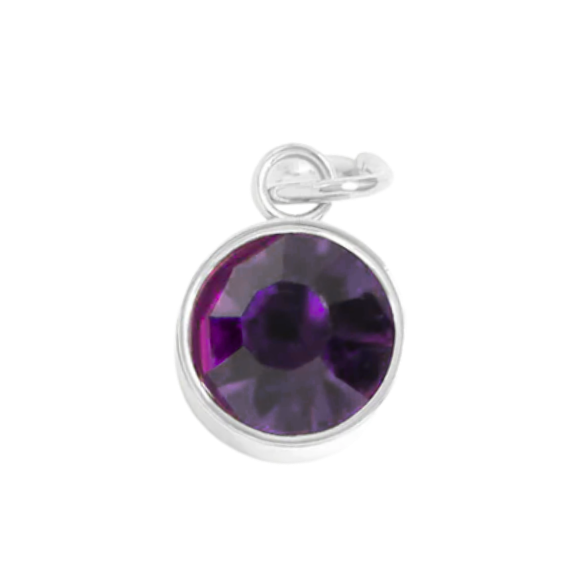 February birthstone amethyst charm with faceted deep purple stone and silver bezel setting 