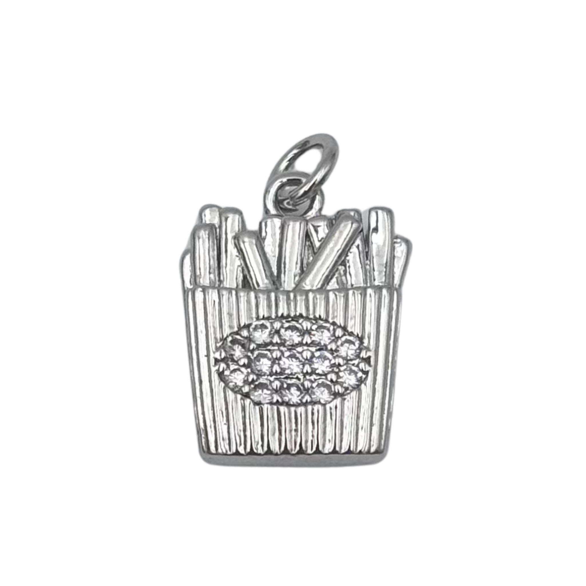 Silver french fries charm with pave rhinestone cluster and ribbed carton detail by HOLST+LEE