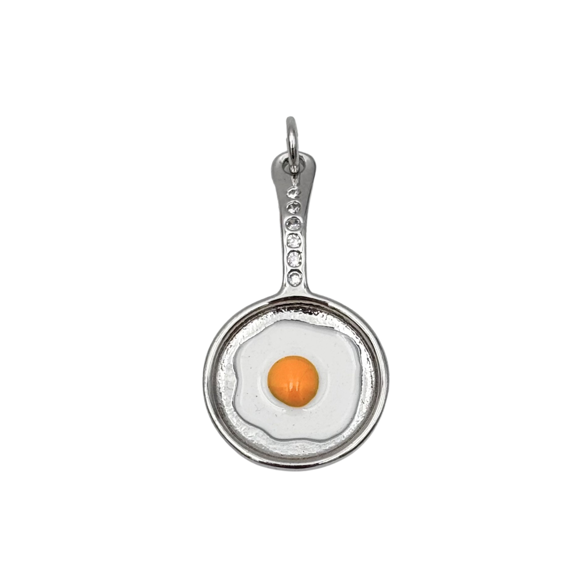 Silver frying pan charm with fried egg enamel detail and rhinestone studded handle by HOLST+LEE