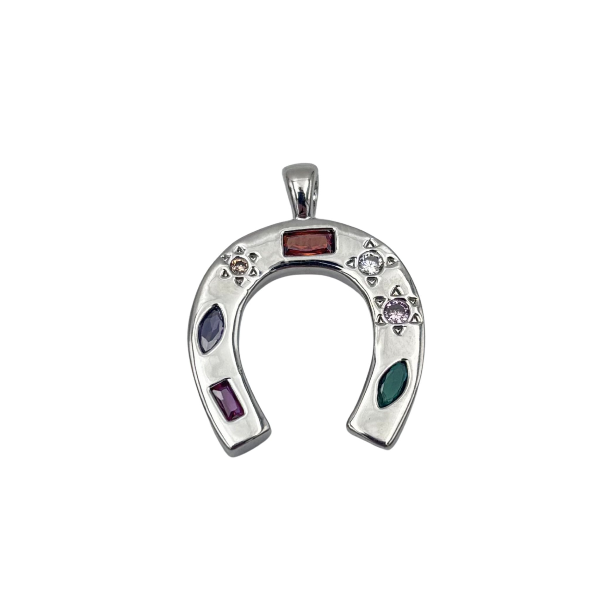 Silver horseshoe charm with mixed gemstone settings including ruby, amethyst, emerald, and clear rhinestones by HOLST+LEE