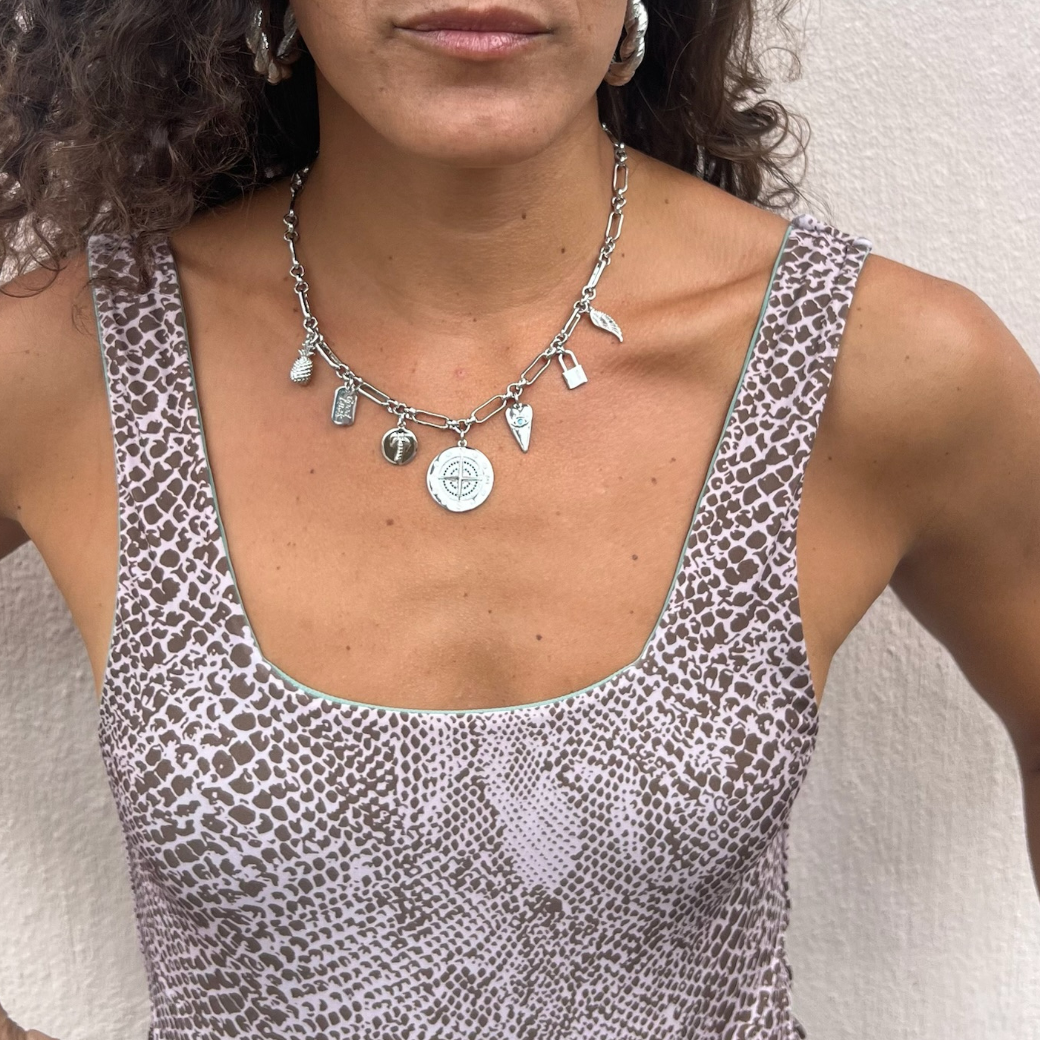 Silver Girlie Charm Necklace - on model