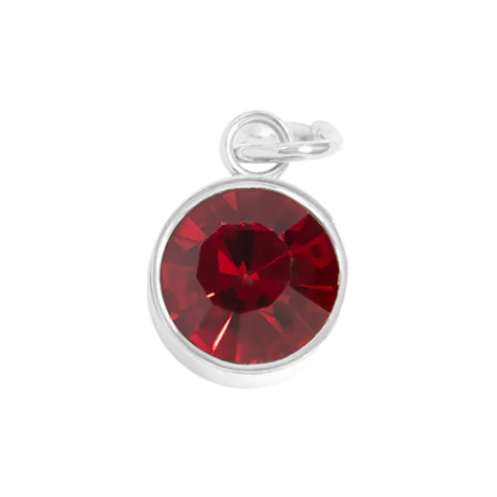 January birthstone garnet charm with faceted deep red stone and silver bezel setting