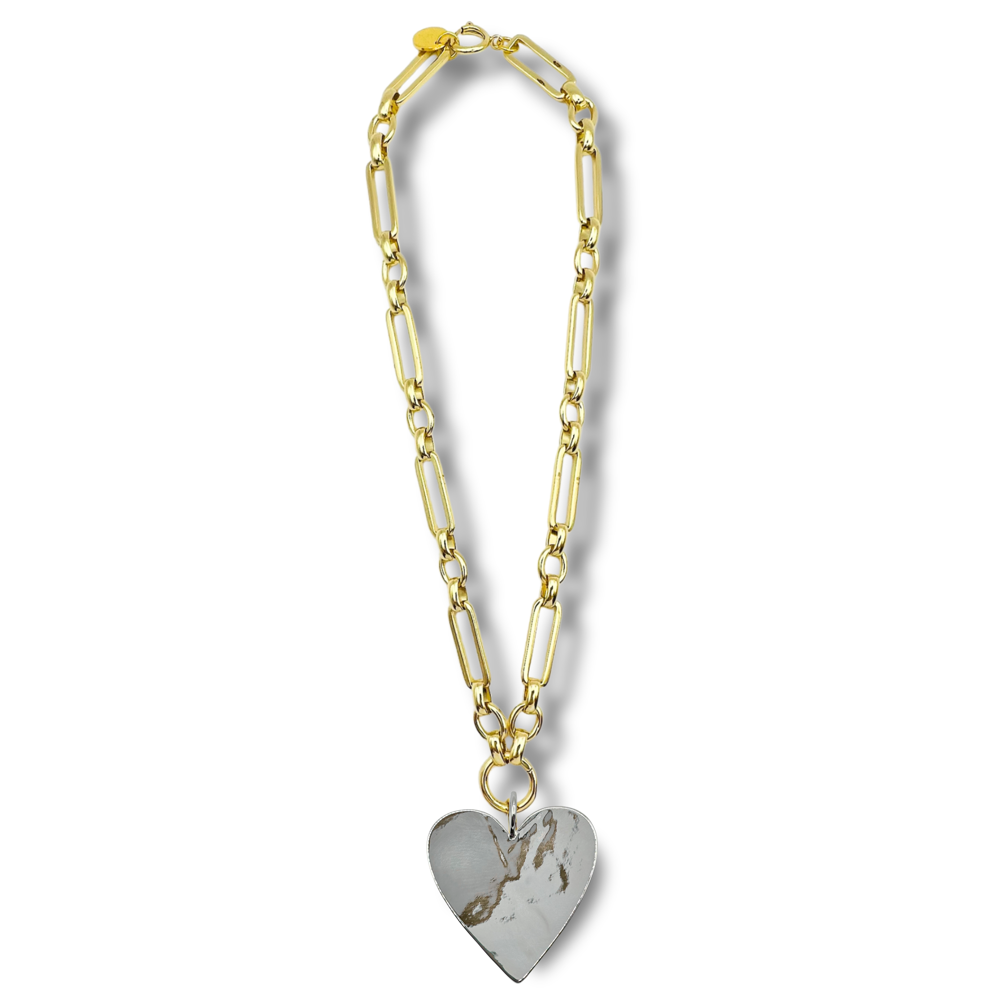 Silver chunky link chain necklace with large gold heart pendant by HOLST+LEE
