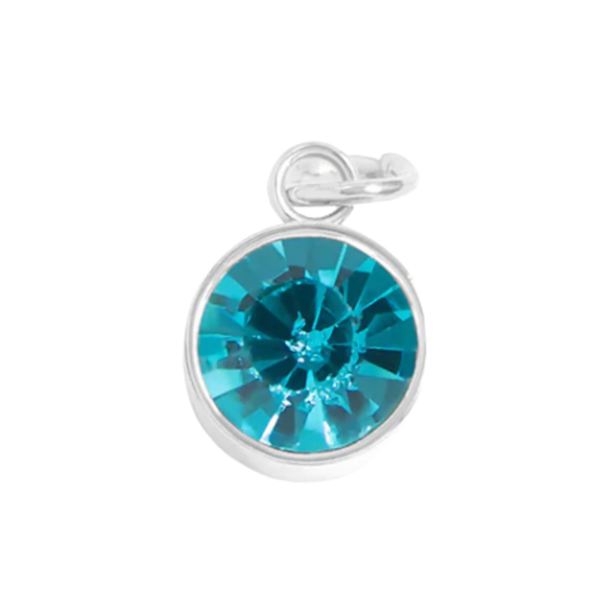 March birthstone aquamarine charm with faceted deep blue stone and silver bezel setting 