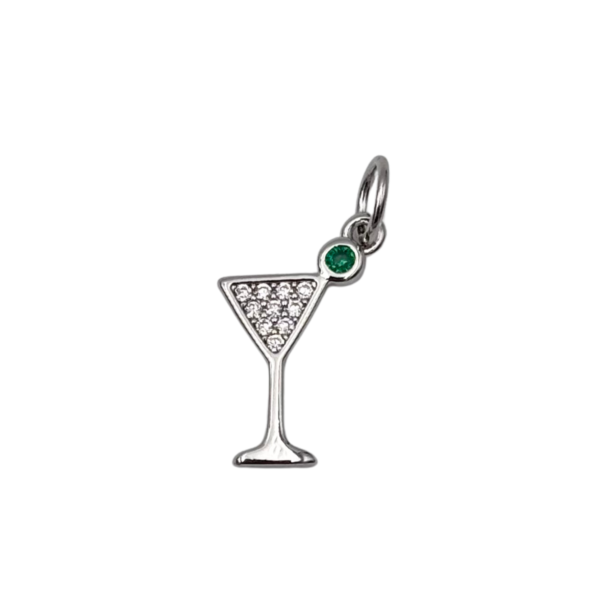 Silver martini glass charm with pavé rhinestone triangular bowl and bezel-set green crystal olive by HOLST+LEE