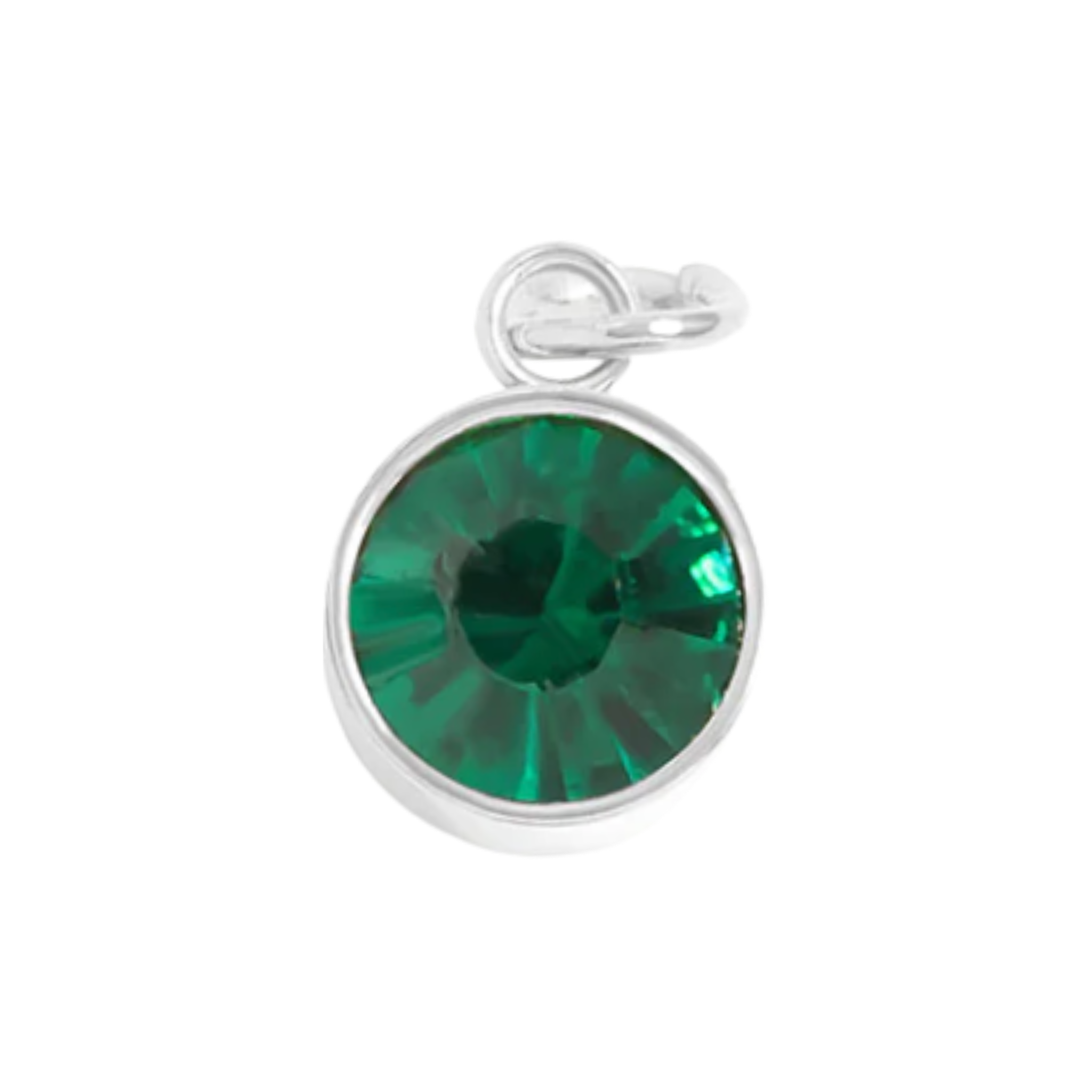 May birthstone emerald charm with faceted deep green and silver bezel setting by HOLST+LEE