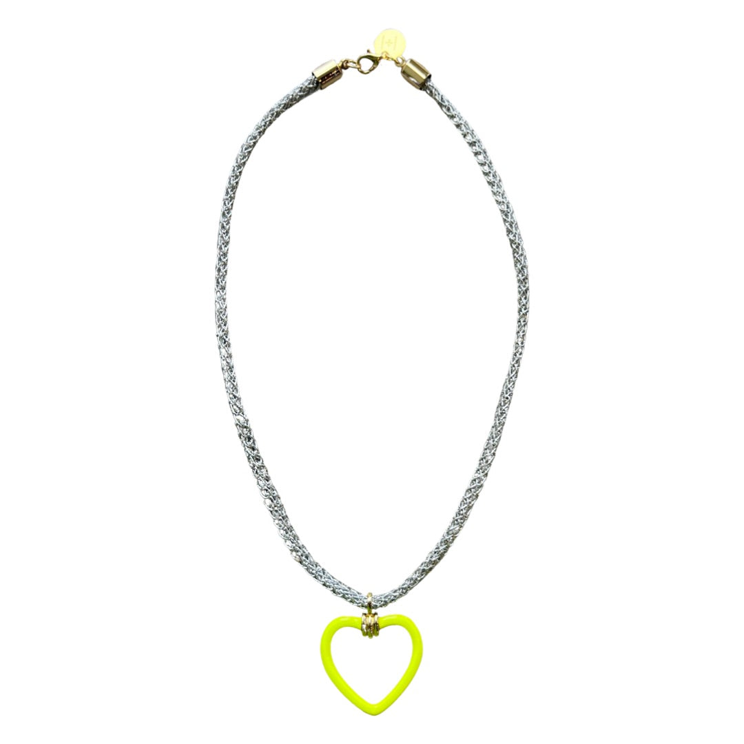 Silver colored paracord necklace with  gold-filled and neon yellow enamel heart-shaped charm by HOLST+LEE