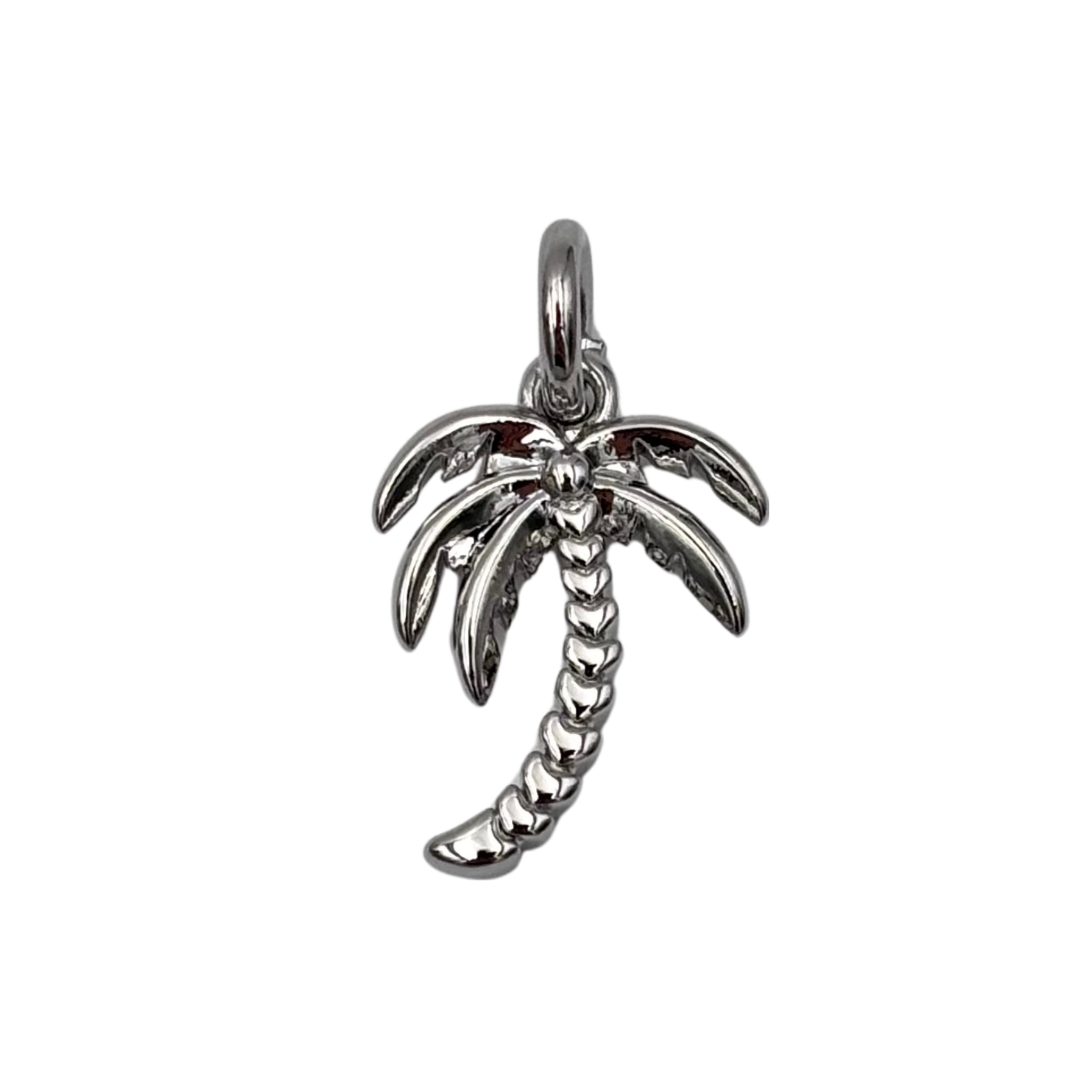 Polished silver palm tree charm pendant with curved trunk, segmented texture, and detailed leaf fronds by HOLST+LEE
