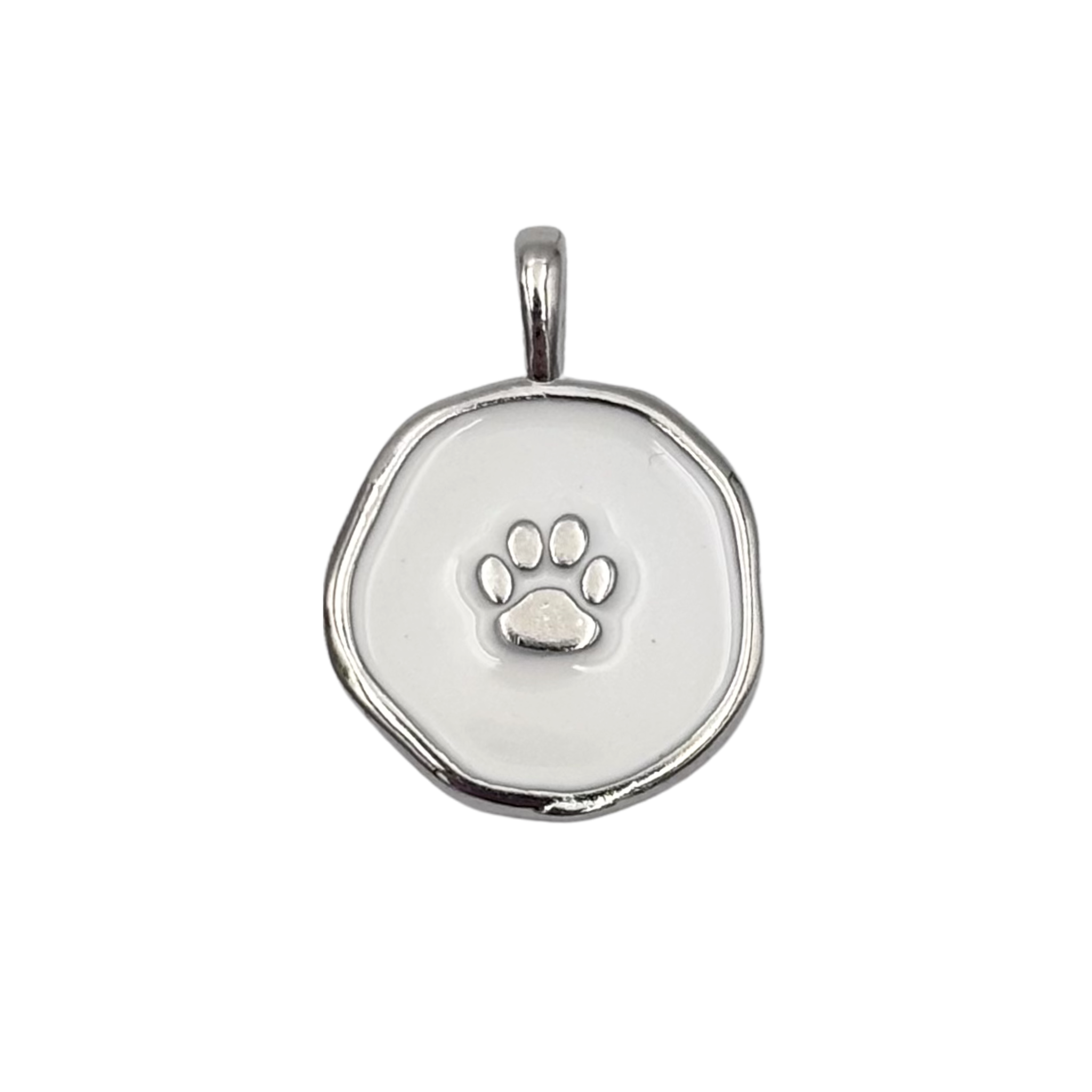 Silver round medallion pendant with swirled white enamel face, raised silver cross by HOLST+LEE