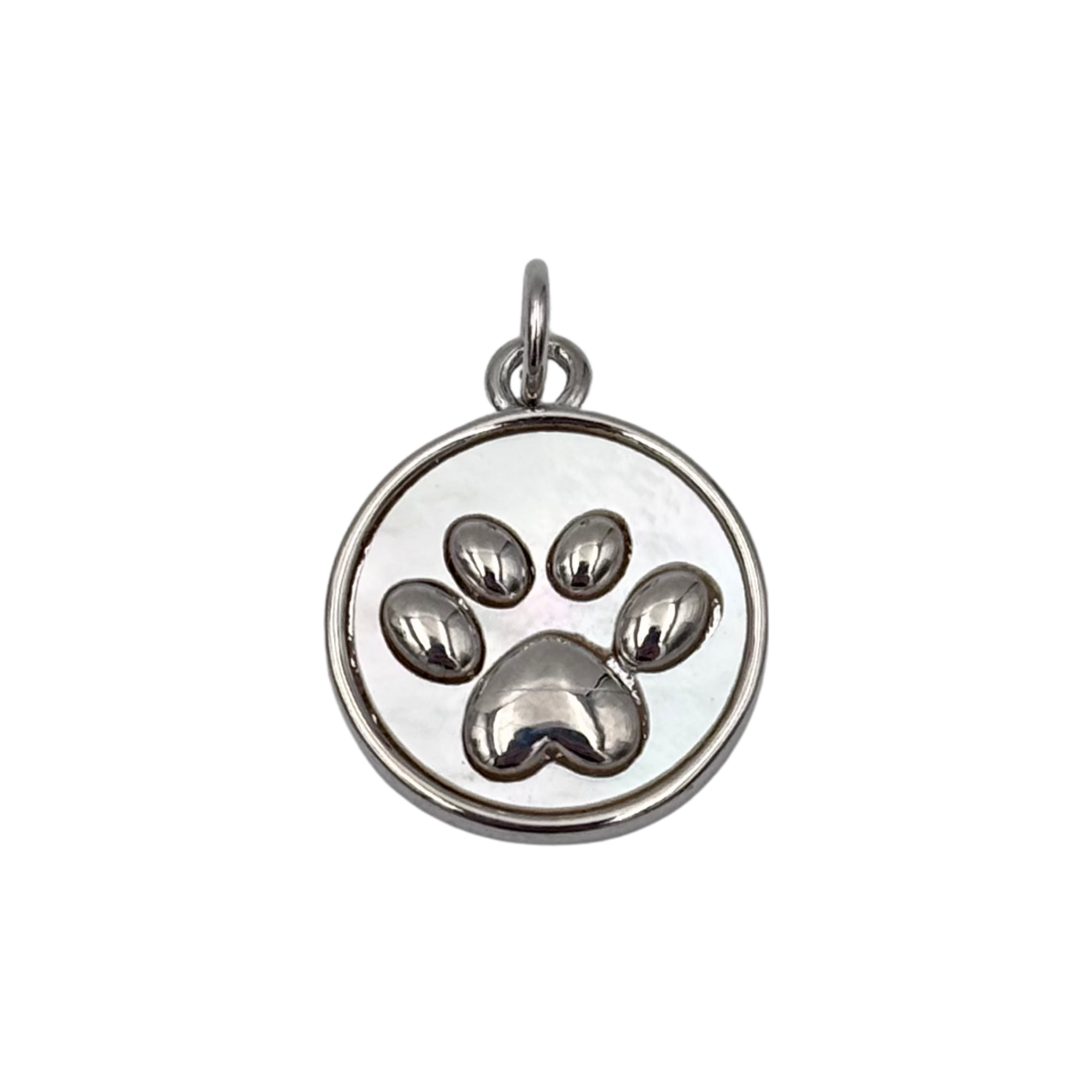 Polished silver circular disc charm pendant with raised 3D paw print design and smooth border frame by HOLST+LEE