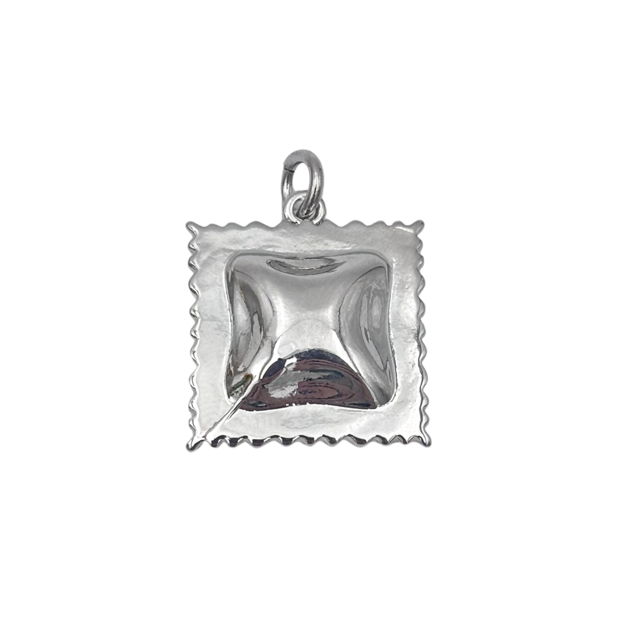 Silver ravioli pasta charm with puffed center and crimped edge detail by HOLST+LEE