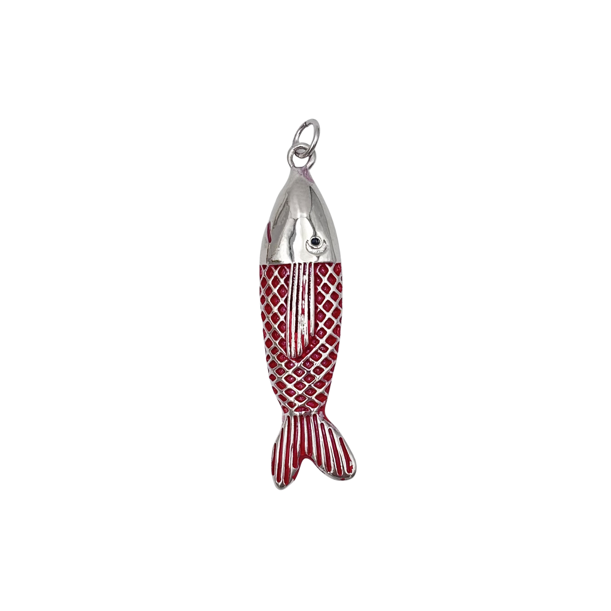 Vintage silver and red enamel fish pendant charm with textured scales by HOLST+LEE