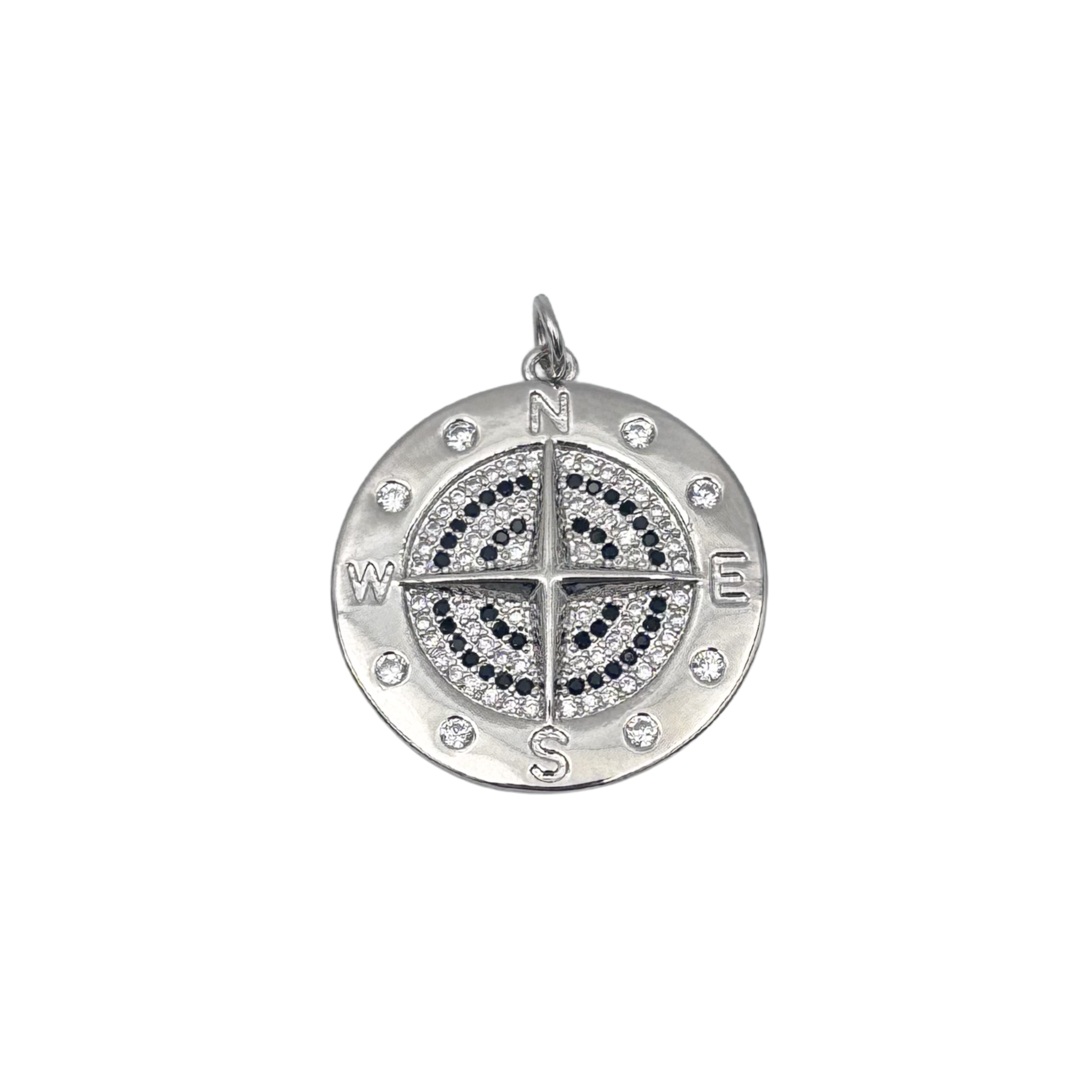 Silver compass pendant with pavé black and white diamonds, cardinal directions by HOLST+LEE