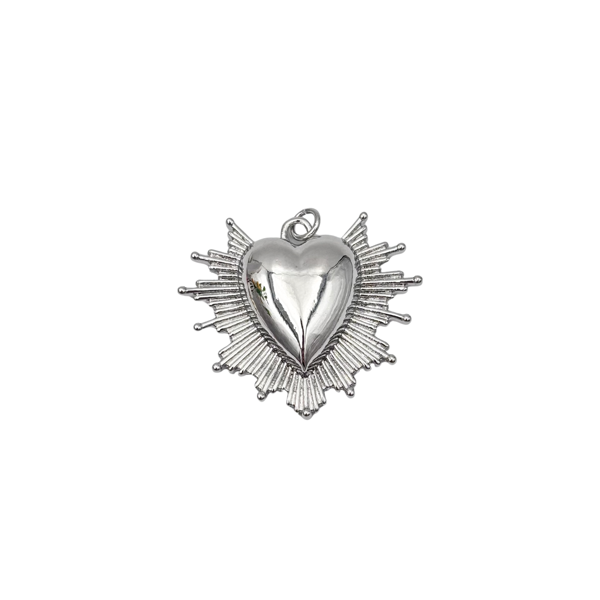 Silver Sacred Heart pendant with heart and ball-tipped sunburst rays by HOLST+LEE