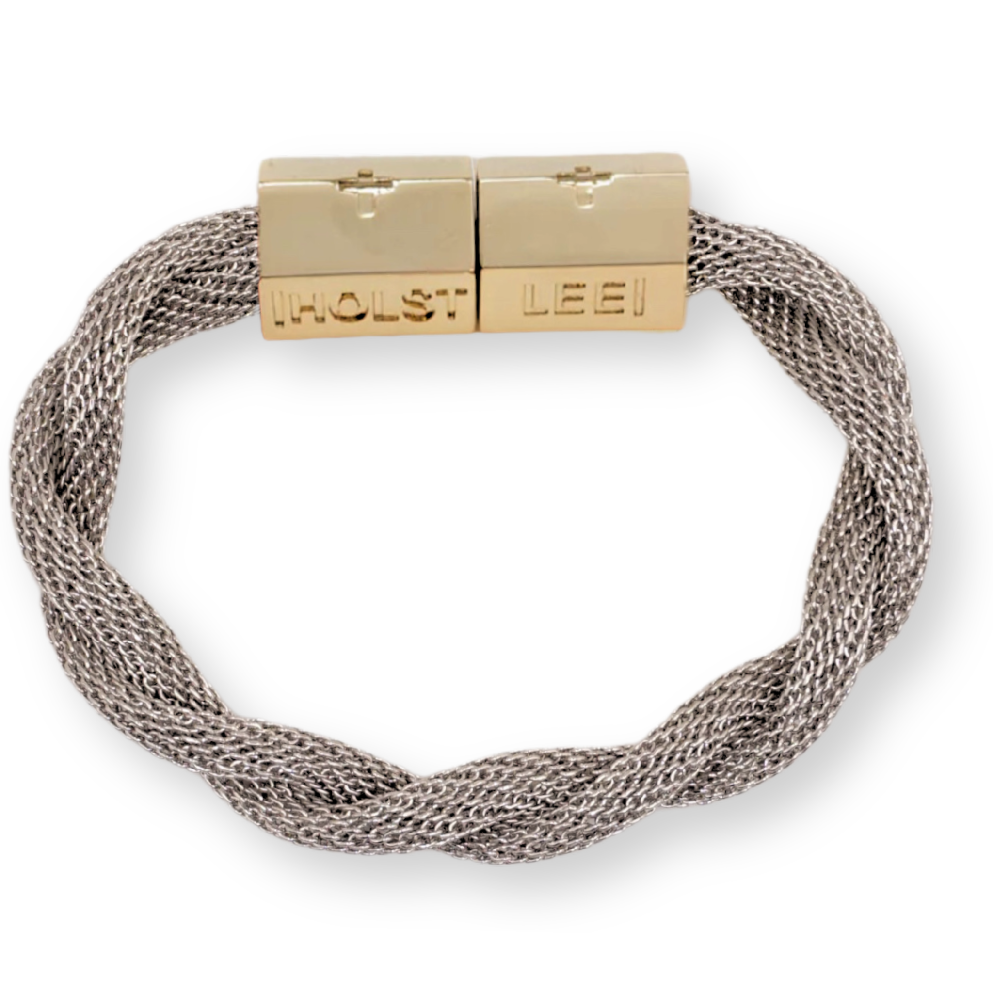 Silver twisted mesh bracelet and gold magnetic clasped bracelet by HOLST+LEE
