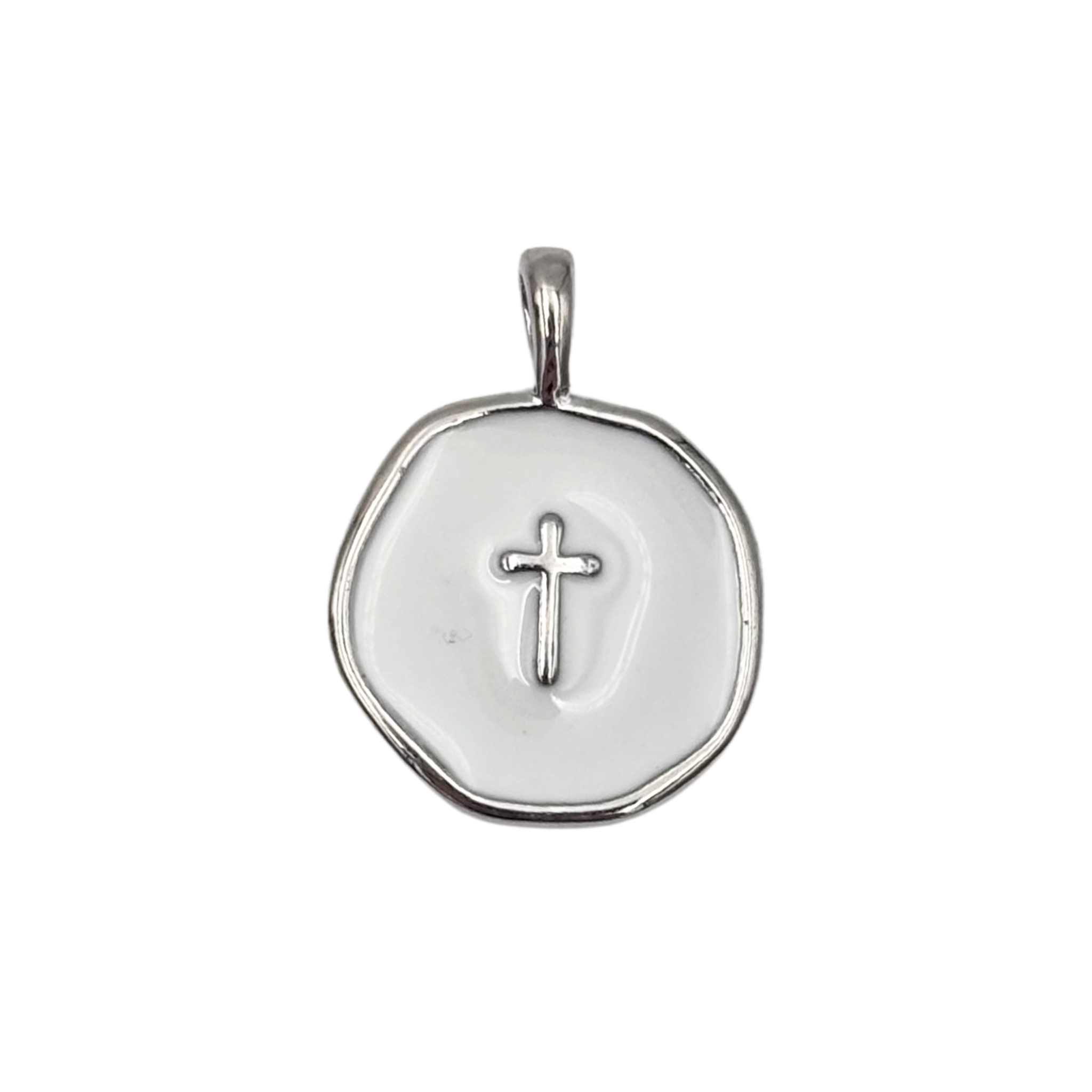 Silver round medallion pendant with swirled white enamel face, raised gold cross by HOLST+LEE