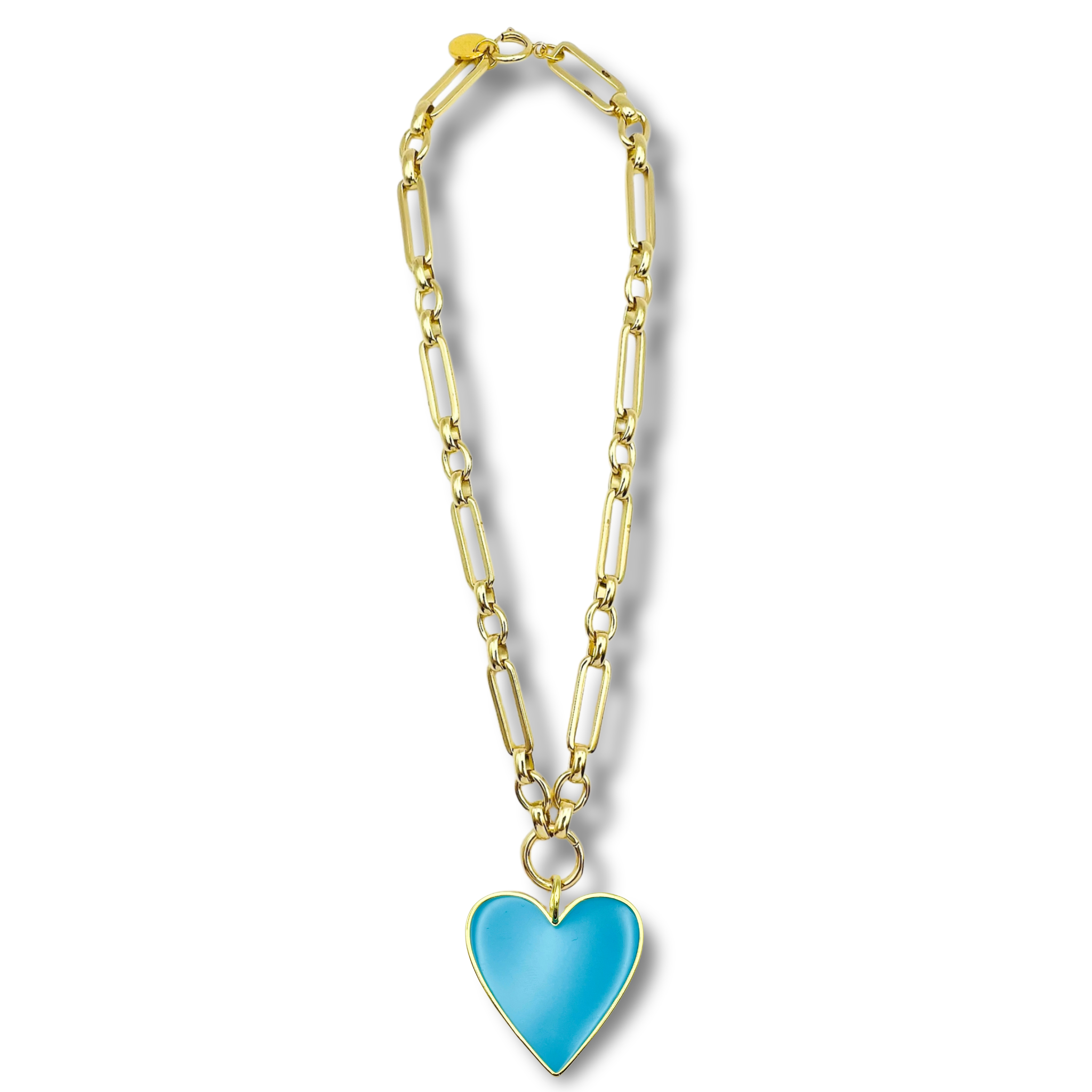 Sky blue chunky link chain necklace with large gold heart pendant by HOLST+LEE