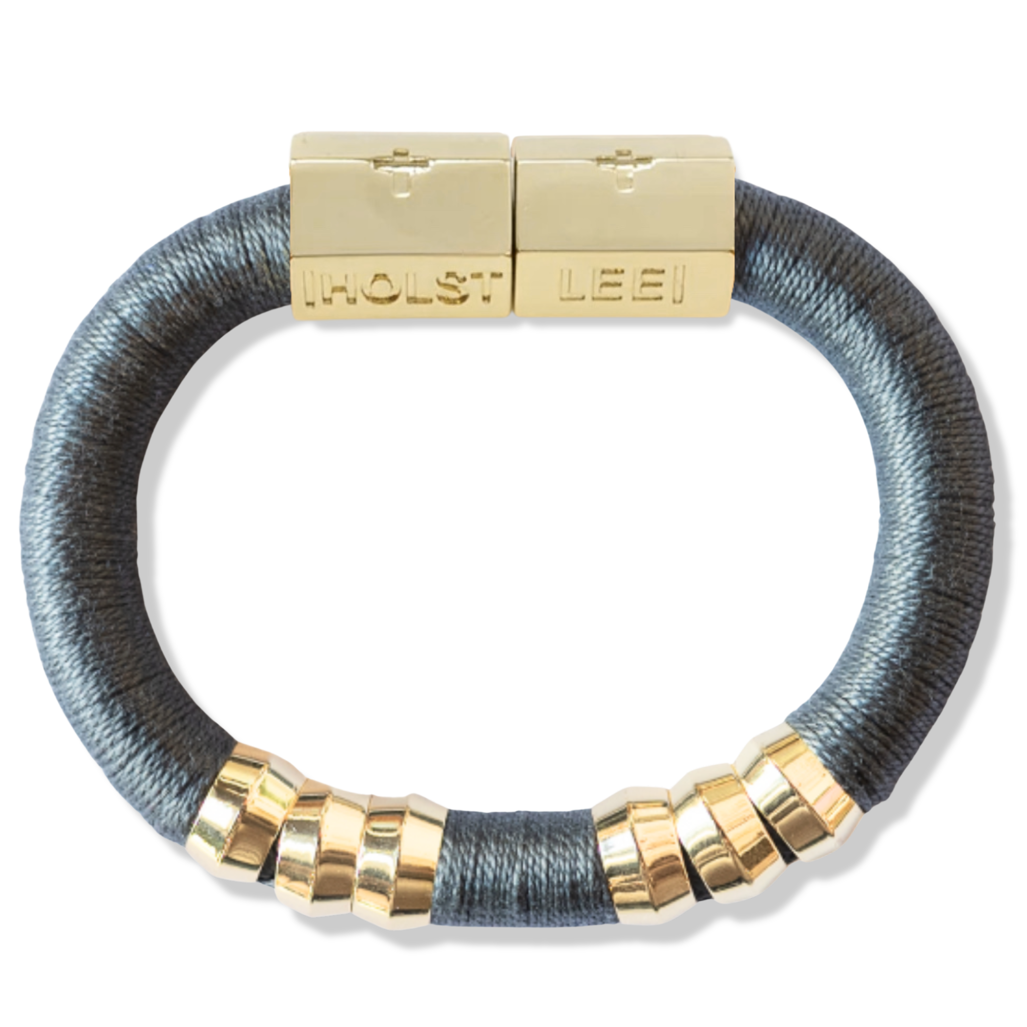 Slate grey thread wrapped bracelet with 18K gold-filled magnetic clasped bracelet and gold ferrule accents by HOLST+LEE