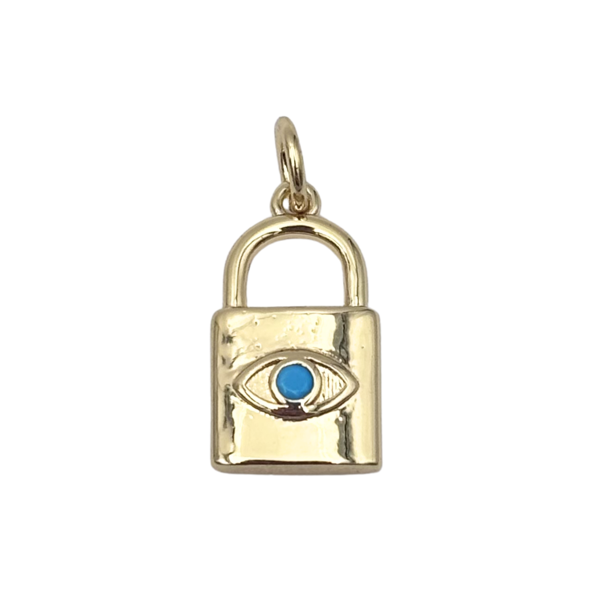 Gold padlock charm pendant with engraved evil eye motif and bezel-set blue enamel pupil by HOLST+LEE