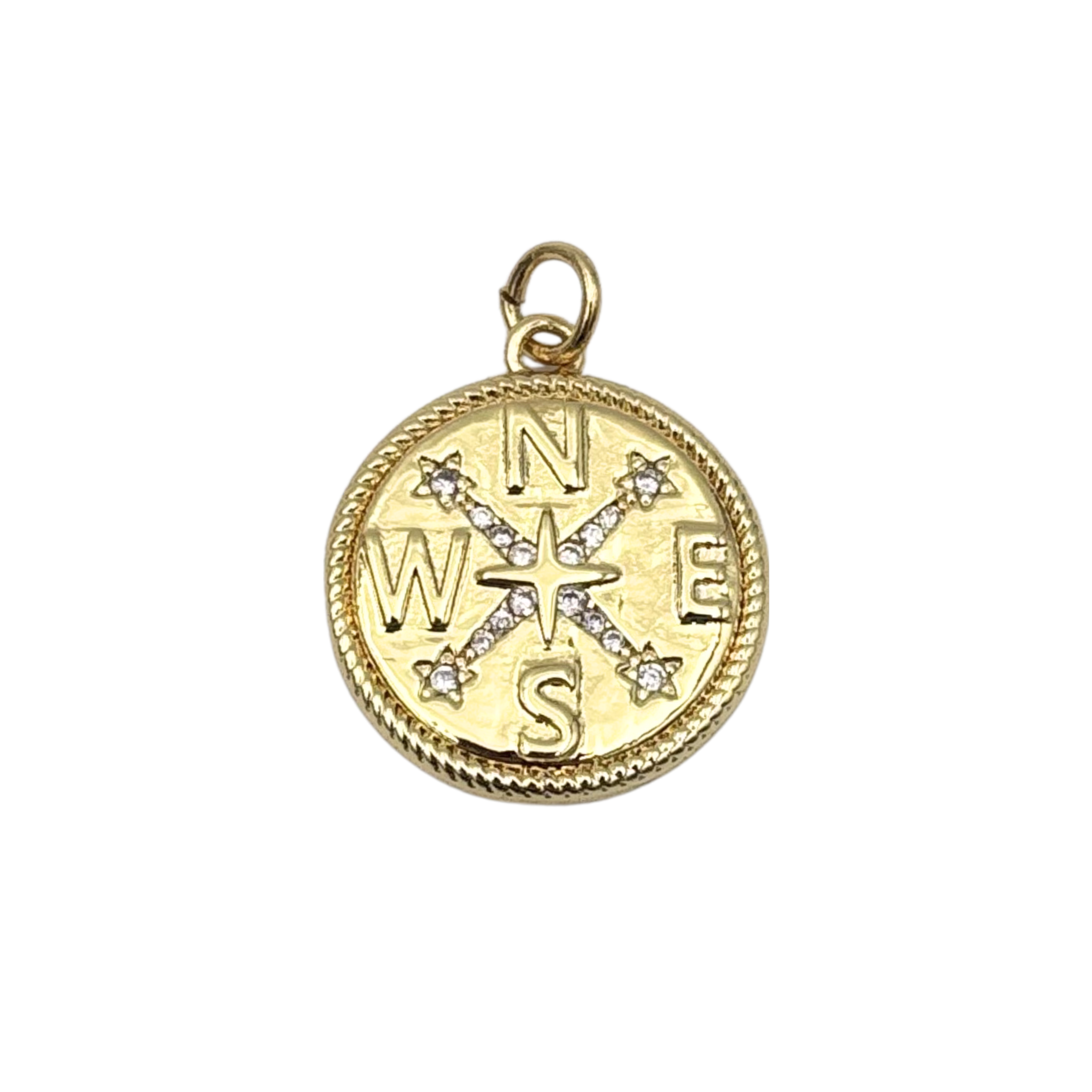Gold compass charm with diamond star points, cardinal directions by HOLST+LEE