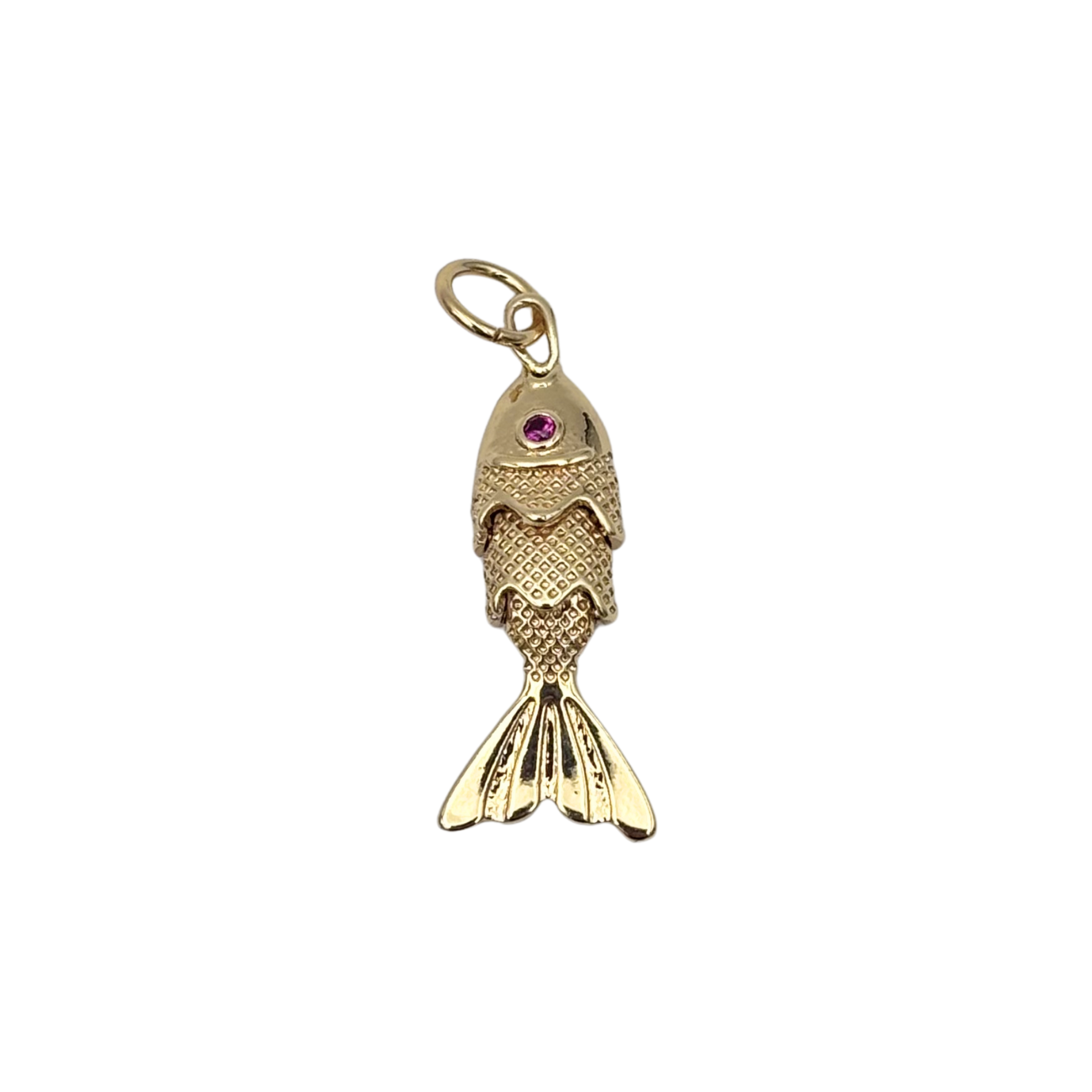 Gold small ruby eyed articulated fish charm by HOLST+LEE