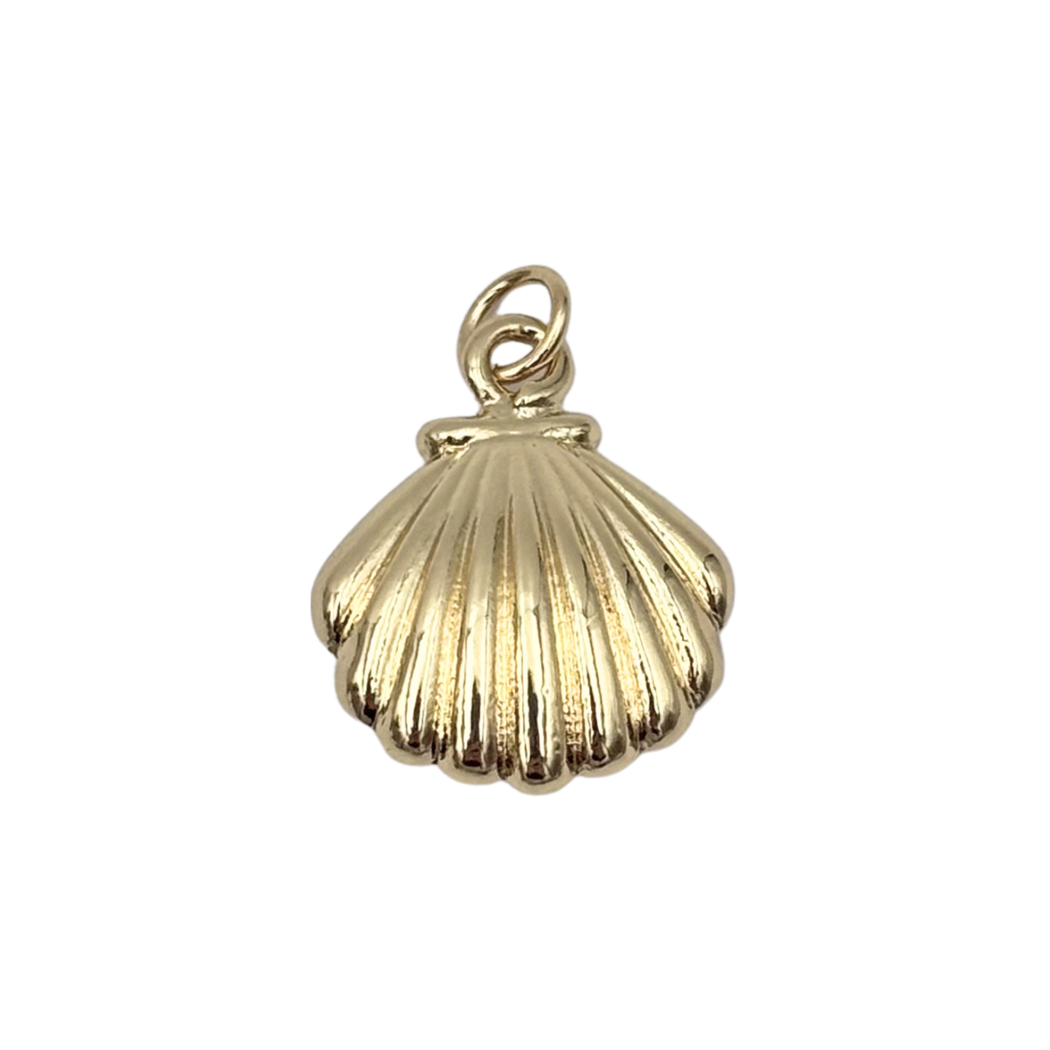 Gold scallop shell charm with deeply ridged fan detail and rounded base by HOLST+LEE