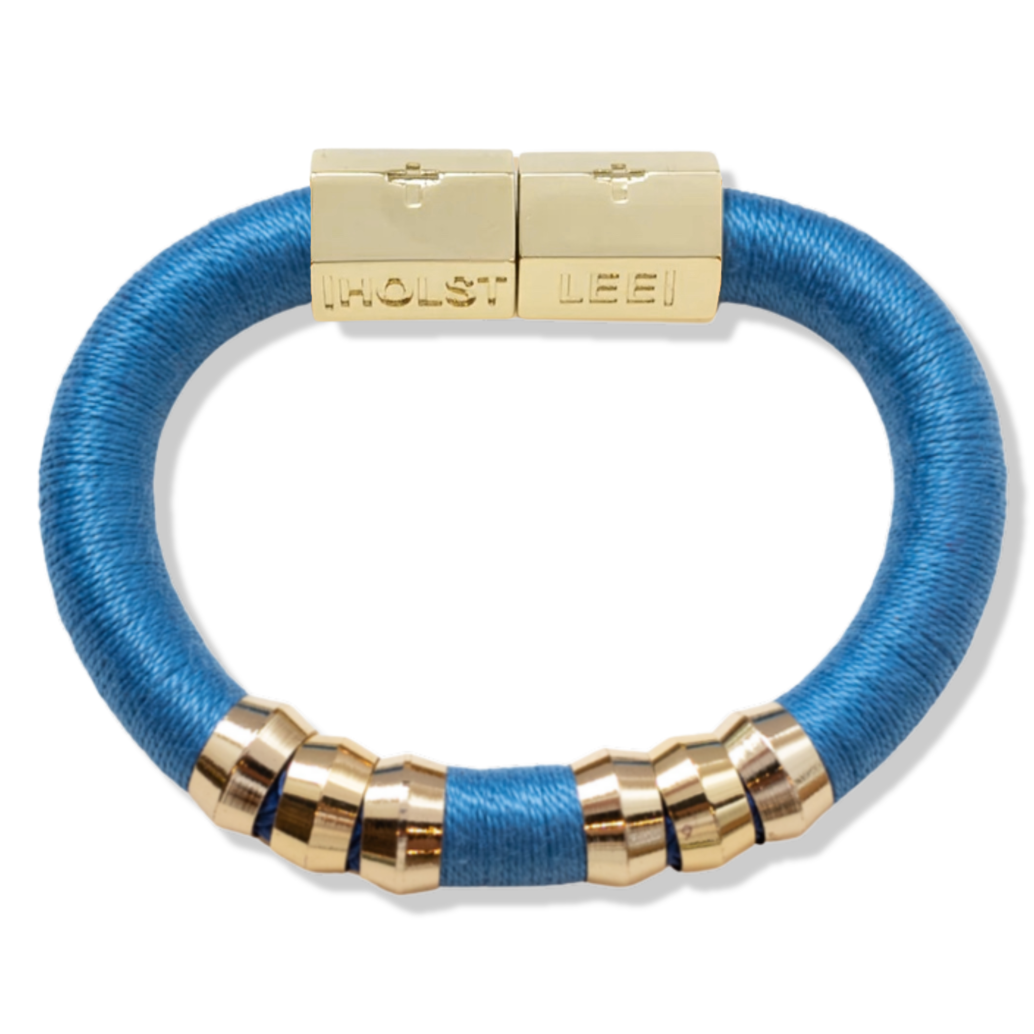 Smoky blue thread wrapped bracelet with 18K gold-filled magnetic clasped bracelet and gold ferrule accents by HOLST+LEE