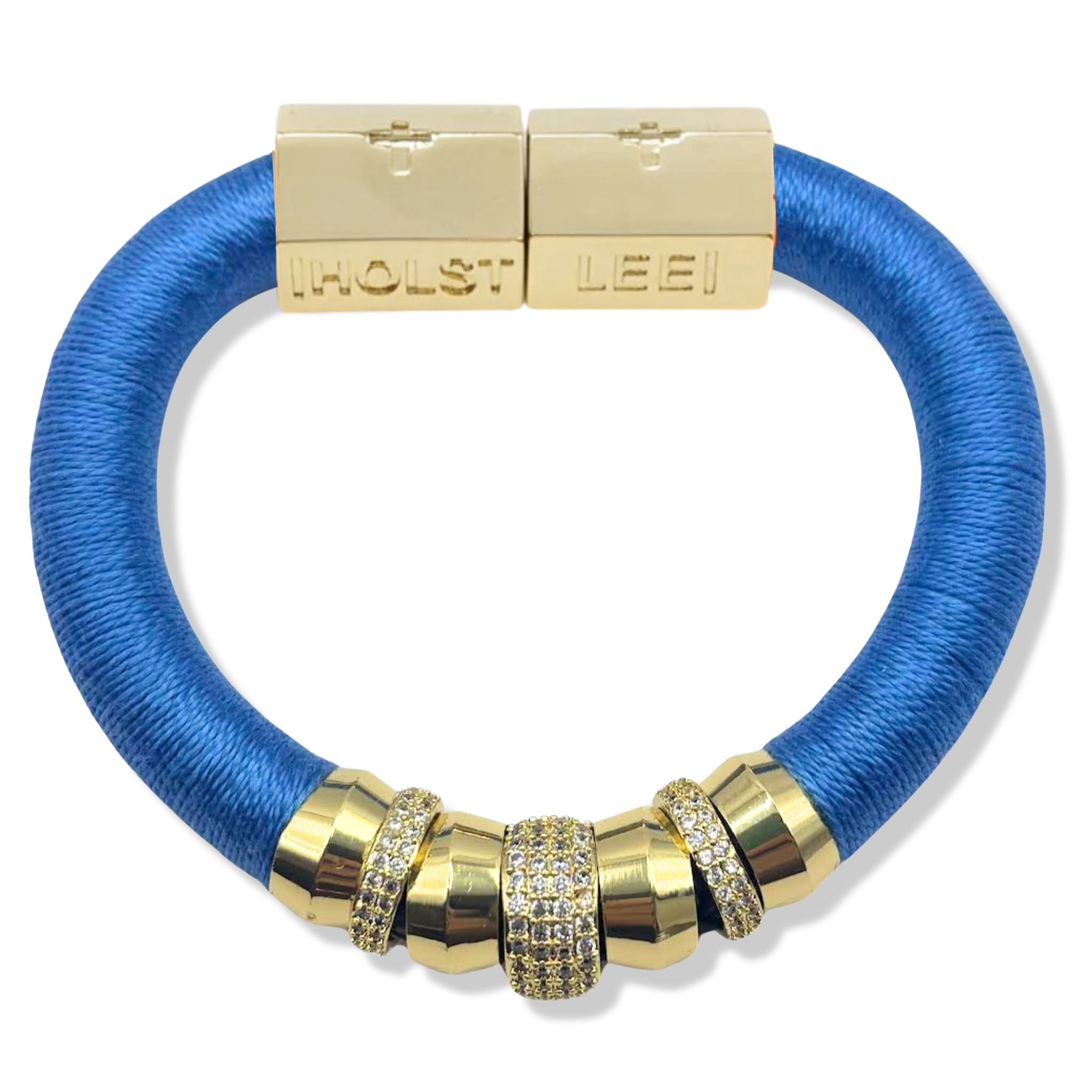 Smoky blue thread wrapped bracelet with 18K gold-filled magnetic clasped bracelet and pavé crystal ferrule stack by HOLST+LEE