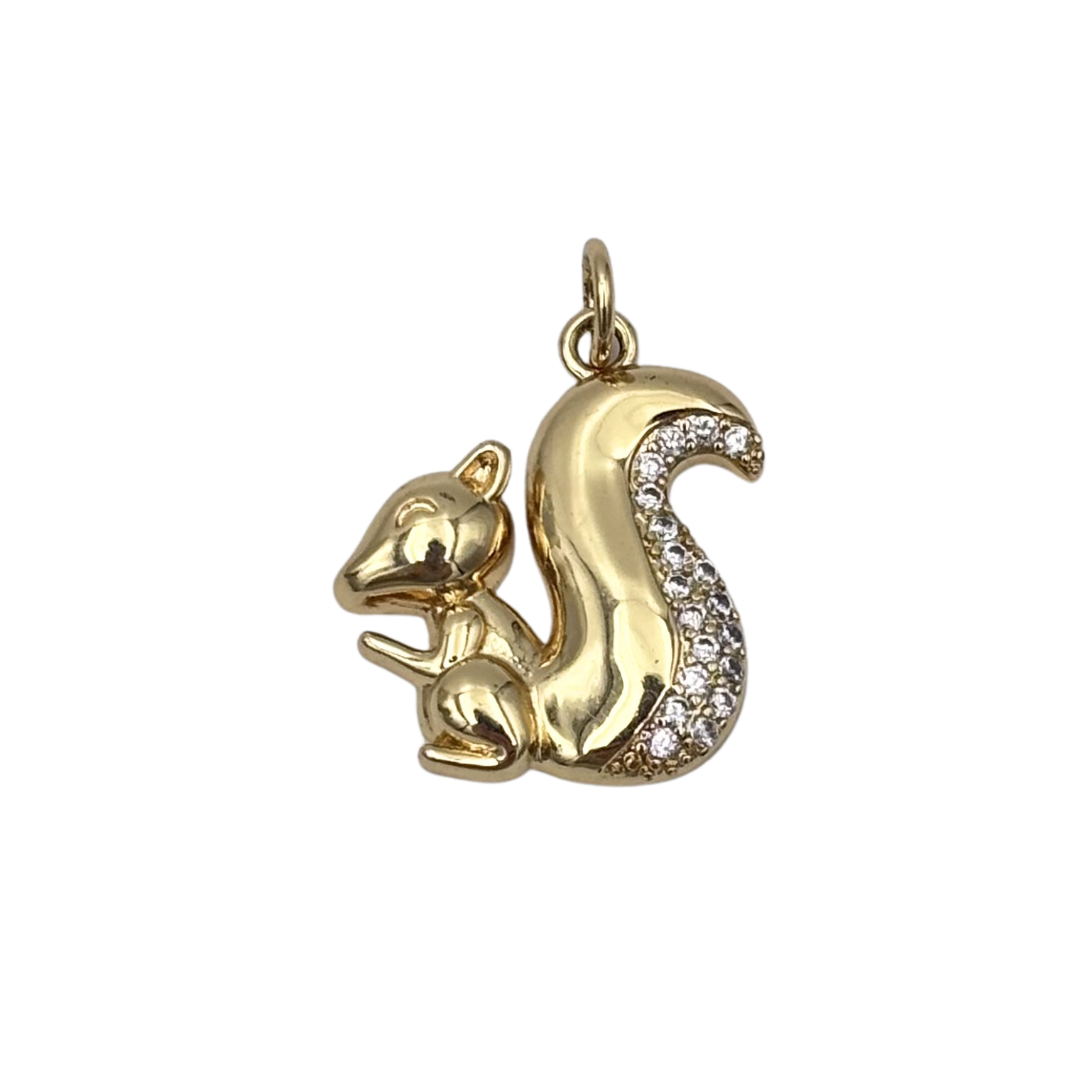 Gold squirrel charm with pave rhinestone tail and sleek finish by HOLST+LEE