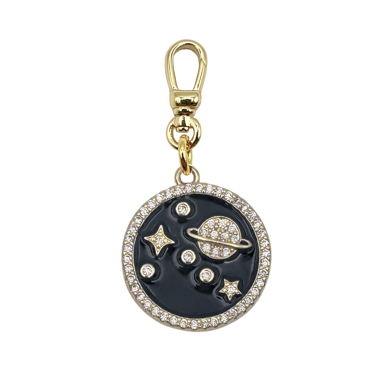 Black enamel stars and planet charm with pavé diamond Saturn, gold stars, and diamond halo border with charm clip by HOLST+LEE