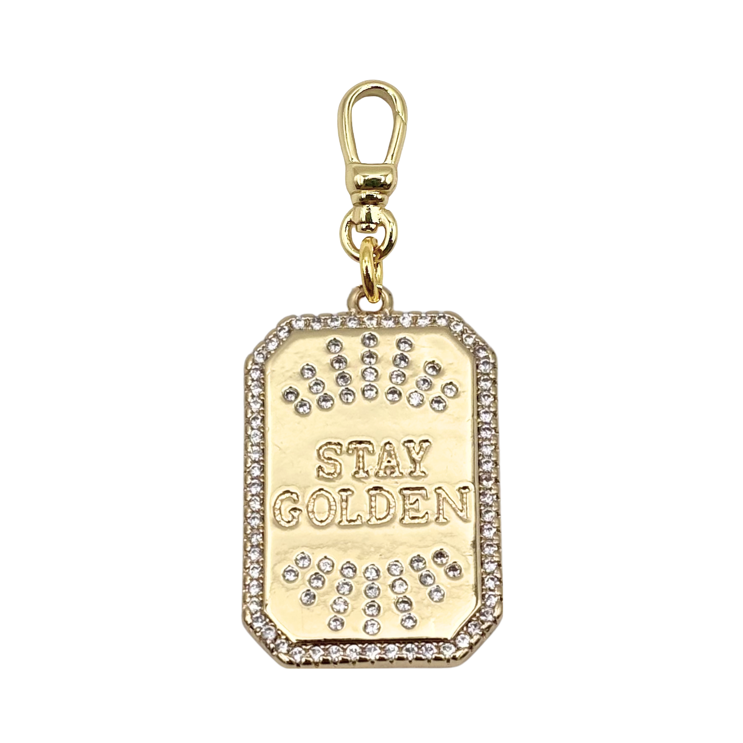 Gold charm with 'Stay Golden' text and pave rhinestones with gold charm clip by HOLST+LEE