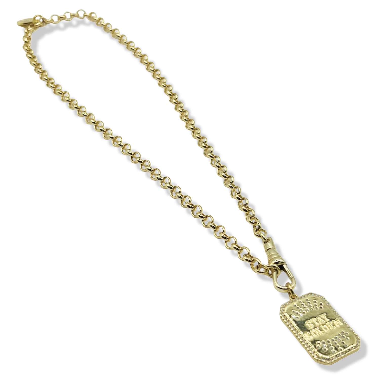 Gold rolo chain necklace with engraved Stay Golden dog tag pendant and pavé crystal border by HOLST+LEE