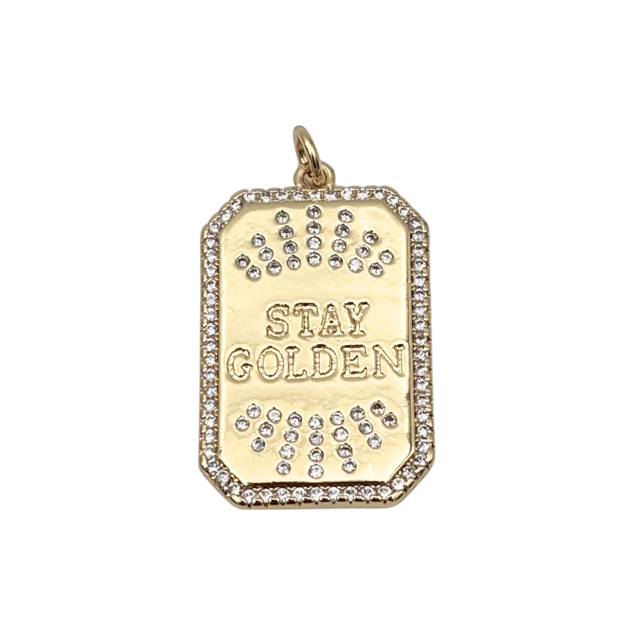 Gold pendant with 'Stay Golden' text and pavé rhinestones by HOLST+LEE