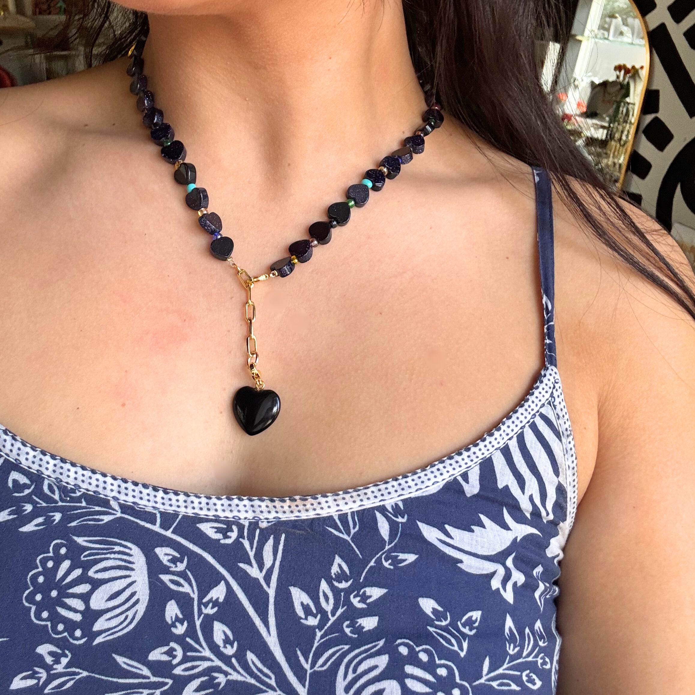 Stone Heart Necklace Black Goldstone