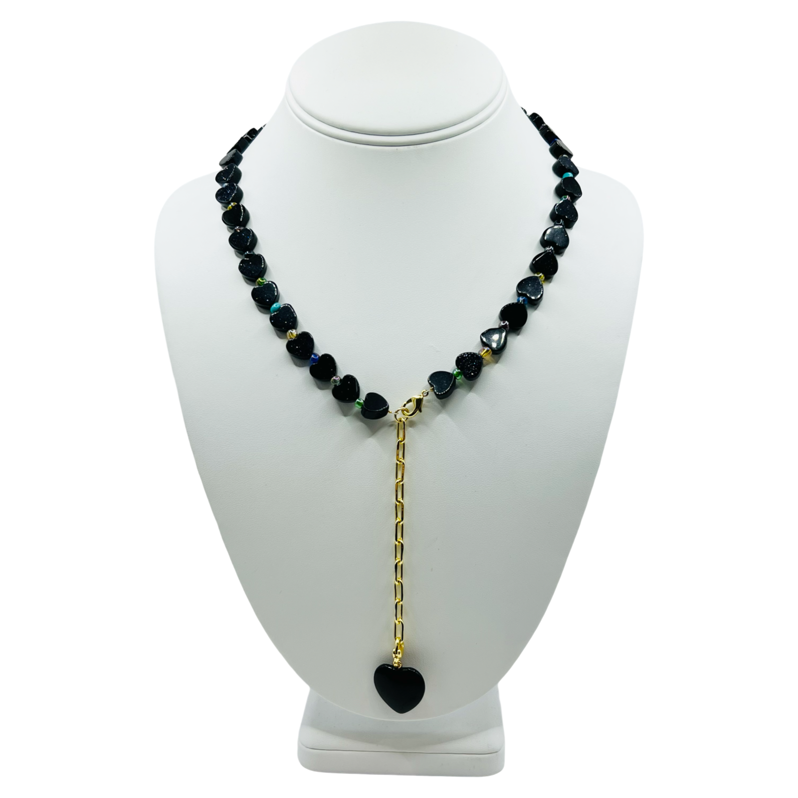 Black Goldstone stone heart bead lariat necklace with gold chain drop and single heart pendant by HOLST+LEE