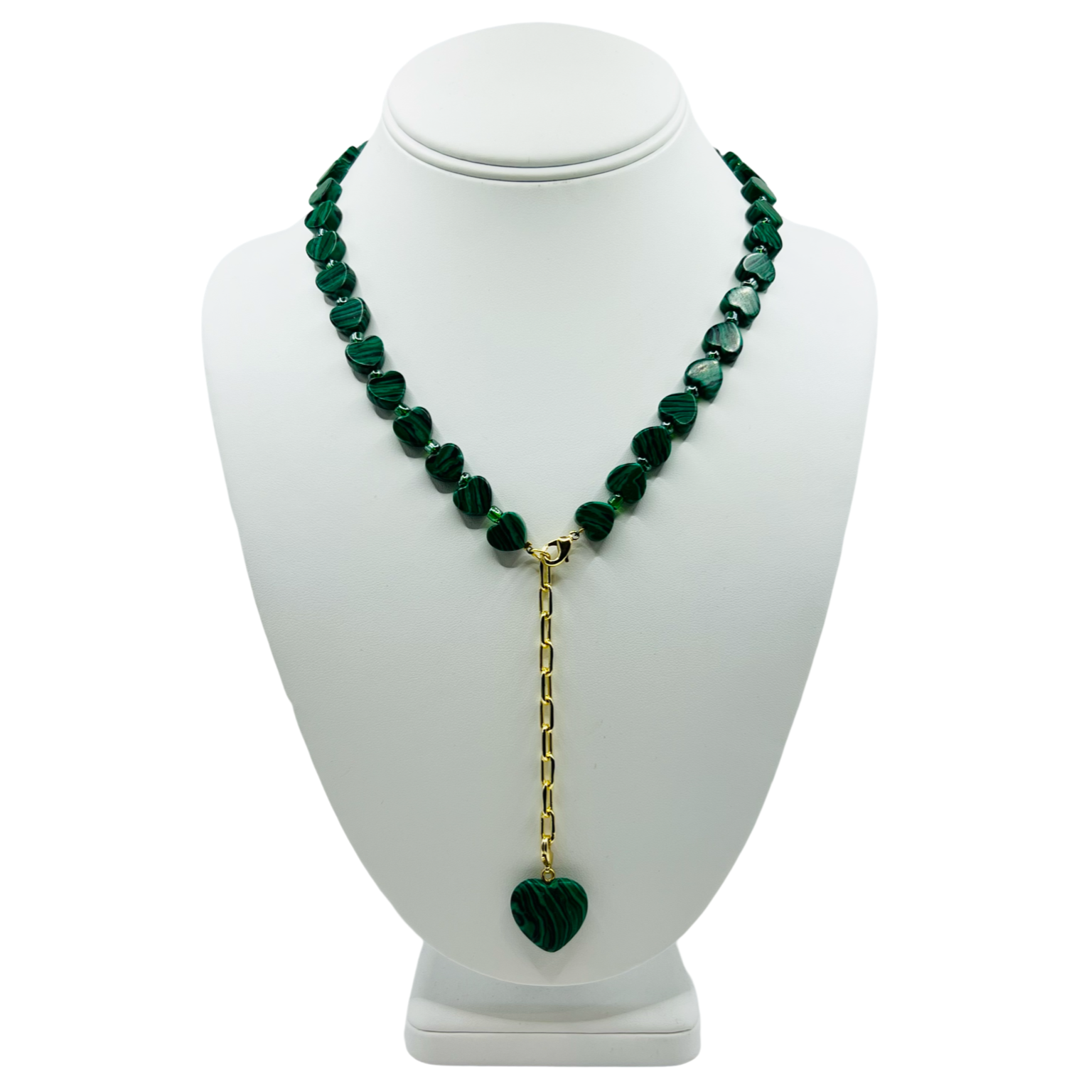Malachite stone heart bead lariat necklace with gold chain drop and single heart pendant by HOLST+LEE