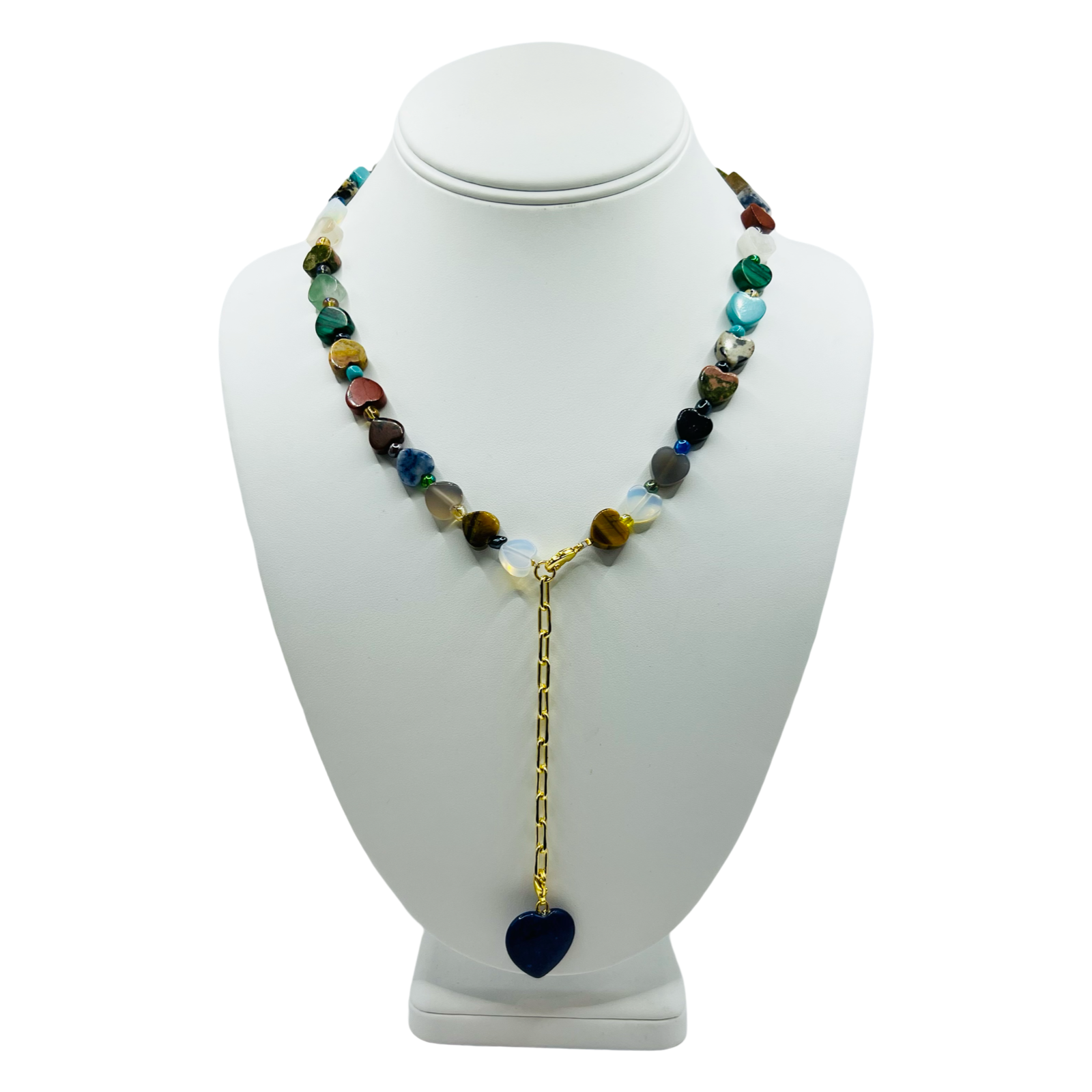 Multi-colored stone heart bead lariat necklace with gold chain drop and single heart pendant by HOLST+LEE