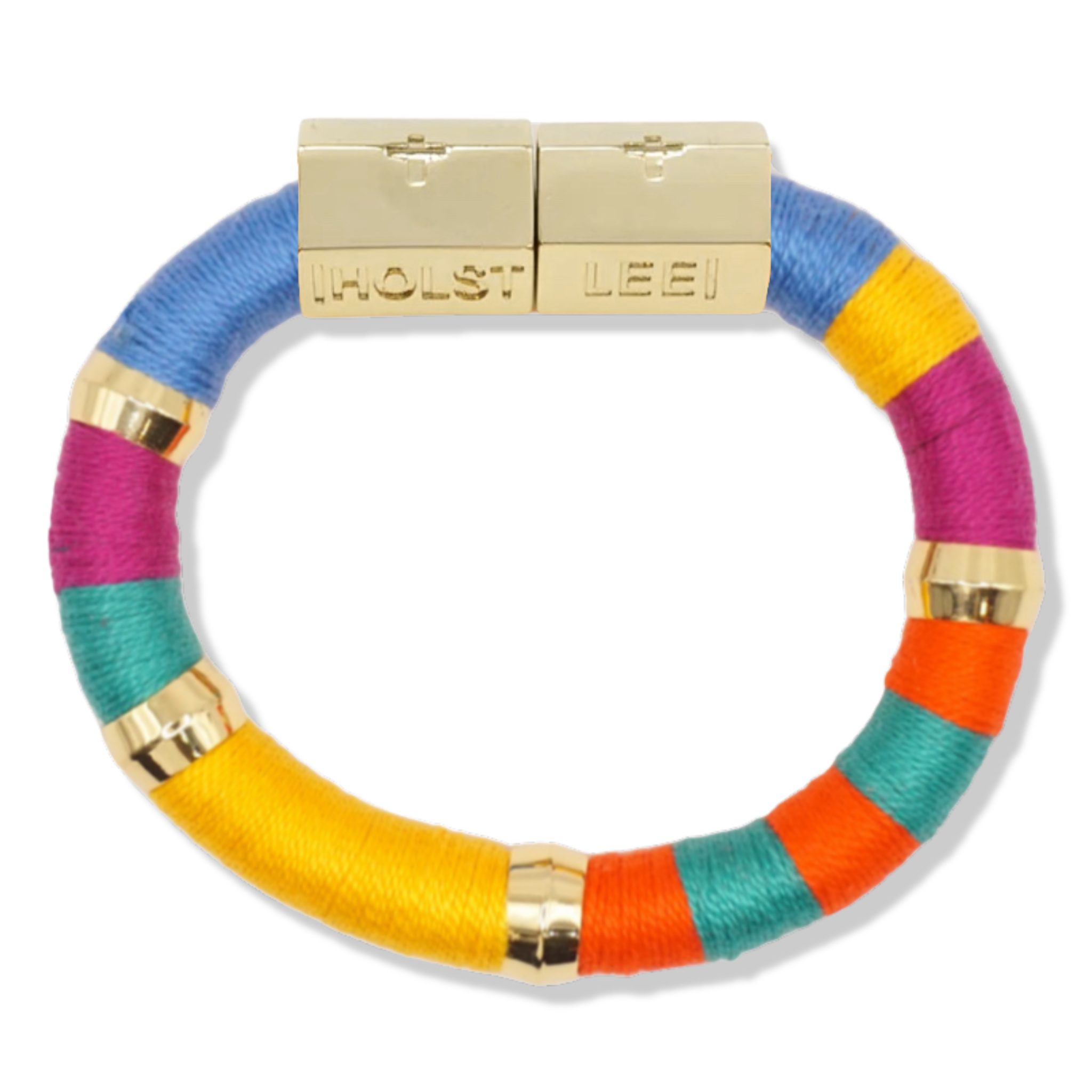 Yellow, orange, fuchsia, and teal thread wrapped bracelet with gold magnetic clasped bracelet and gold ferrule accents by HOLST+LEE 