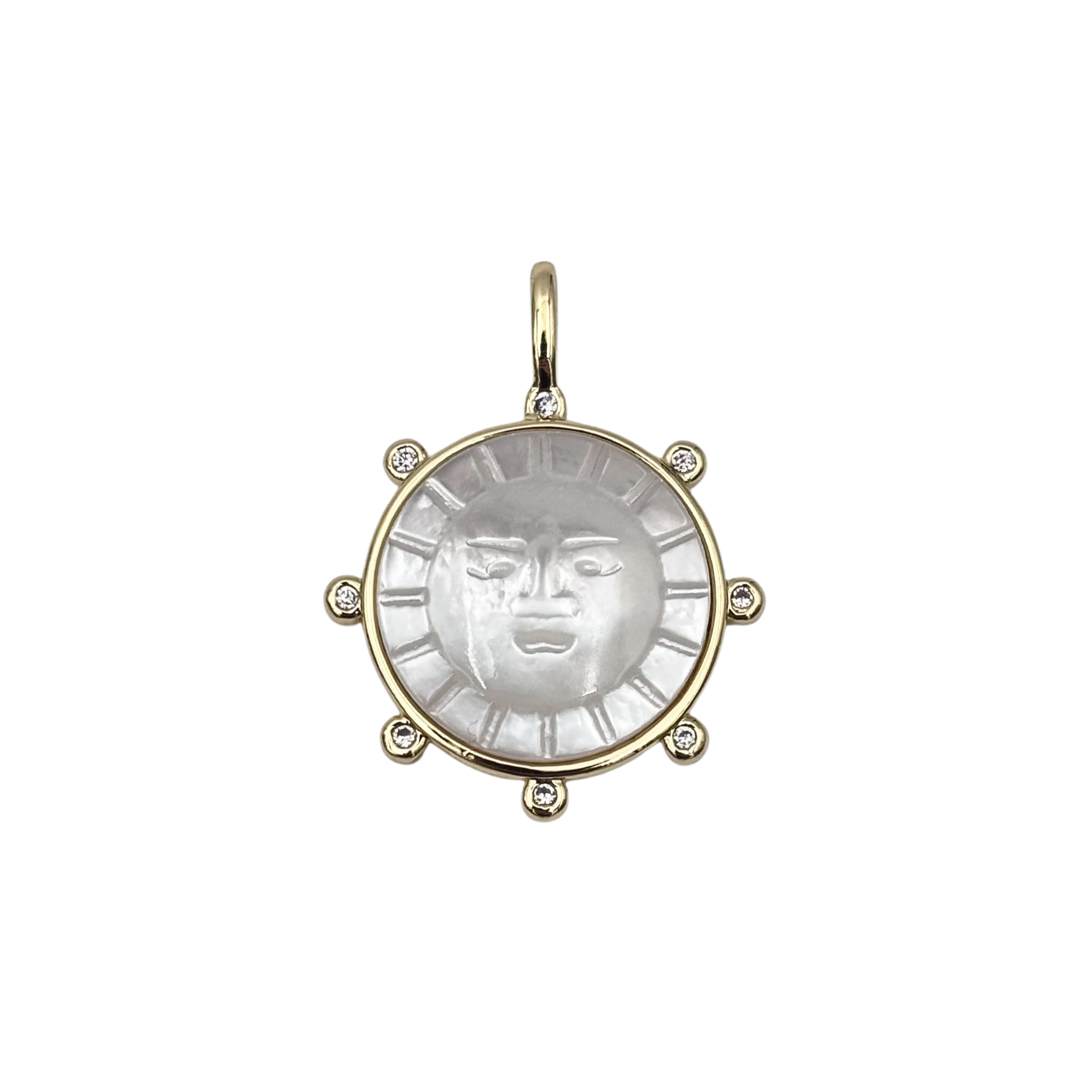 Circular mother-of-pearl sun face pendant in a gold bezel setting with six diamond accents by HOLST+LEE